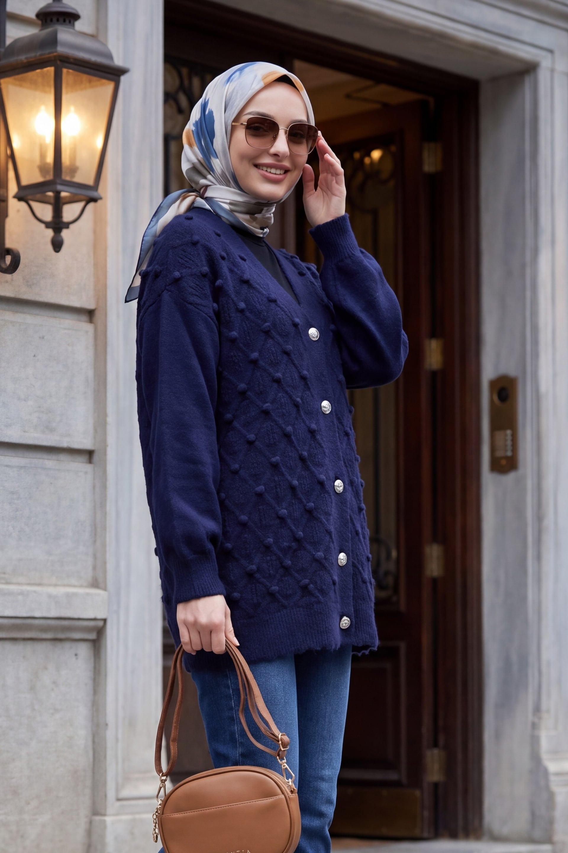 Textured Bobble Detail Buttoned Knit Cardigan - Navy - Podyumplus - by Peralane