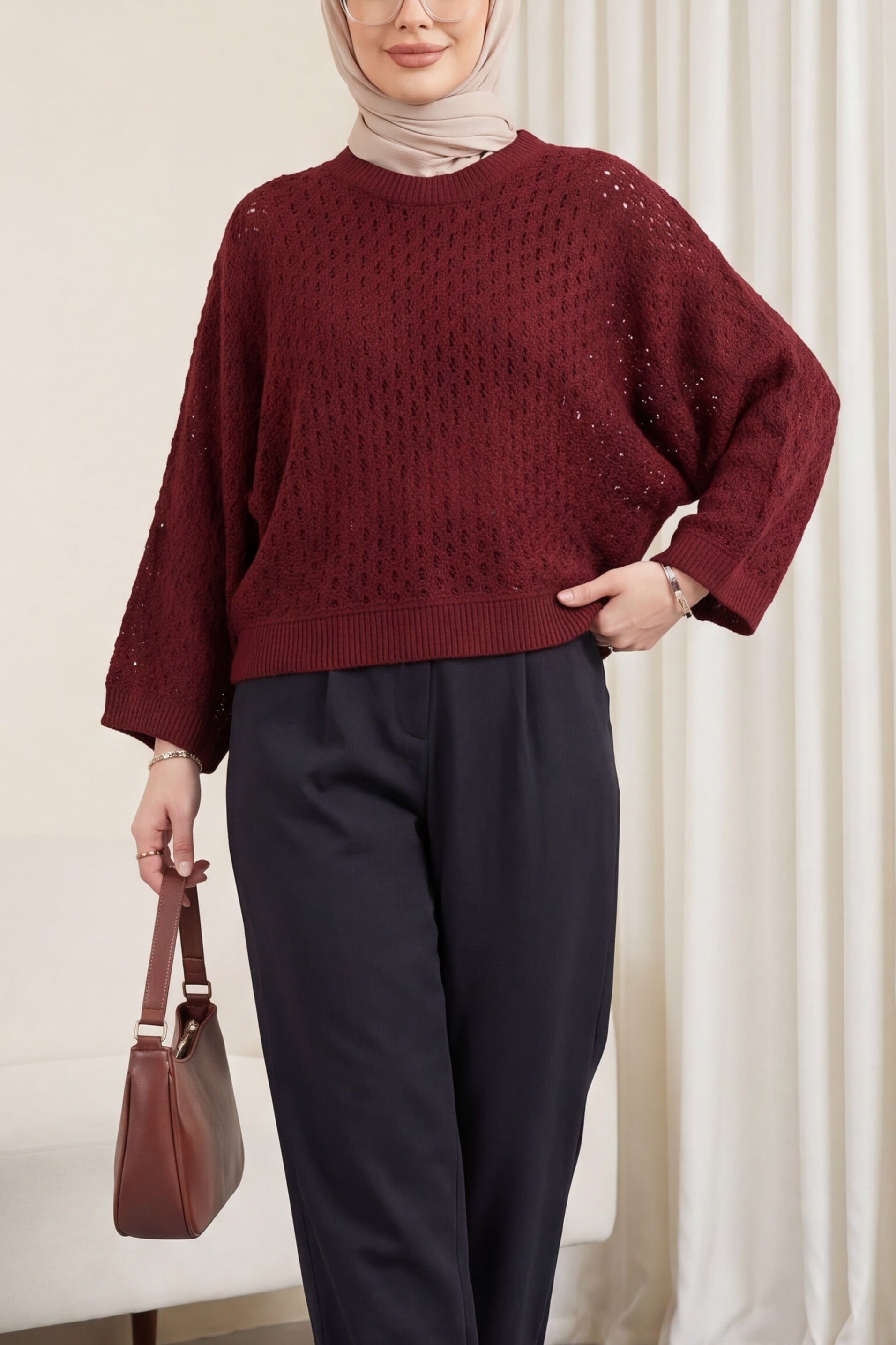 Bike Neck Batwing Sleeve Openwork Knit Sweater - Burgundy - Podyumplus - by Peralane