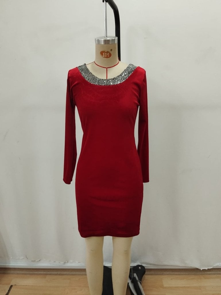 Women's Long-Sleeve Round Neck Mini Velvet Dress with Rhinestone Details - Janes - by Peralane - photo 4