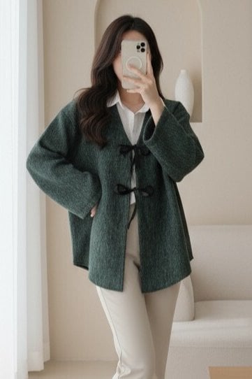 Dark Green Textured Knit Cardigan with Front Tie Closure - Emerald - Podyumplus - by Peralane
