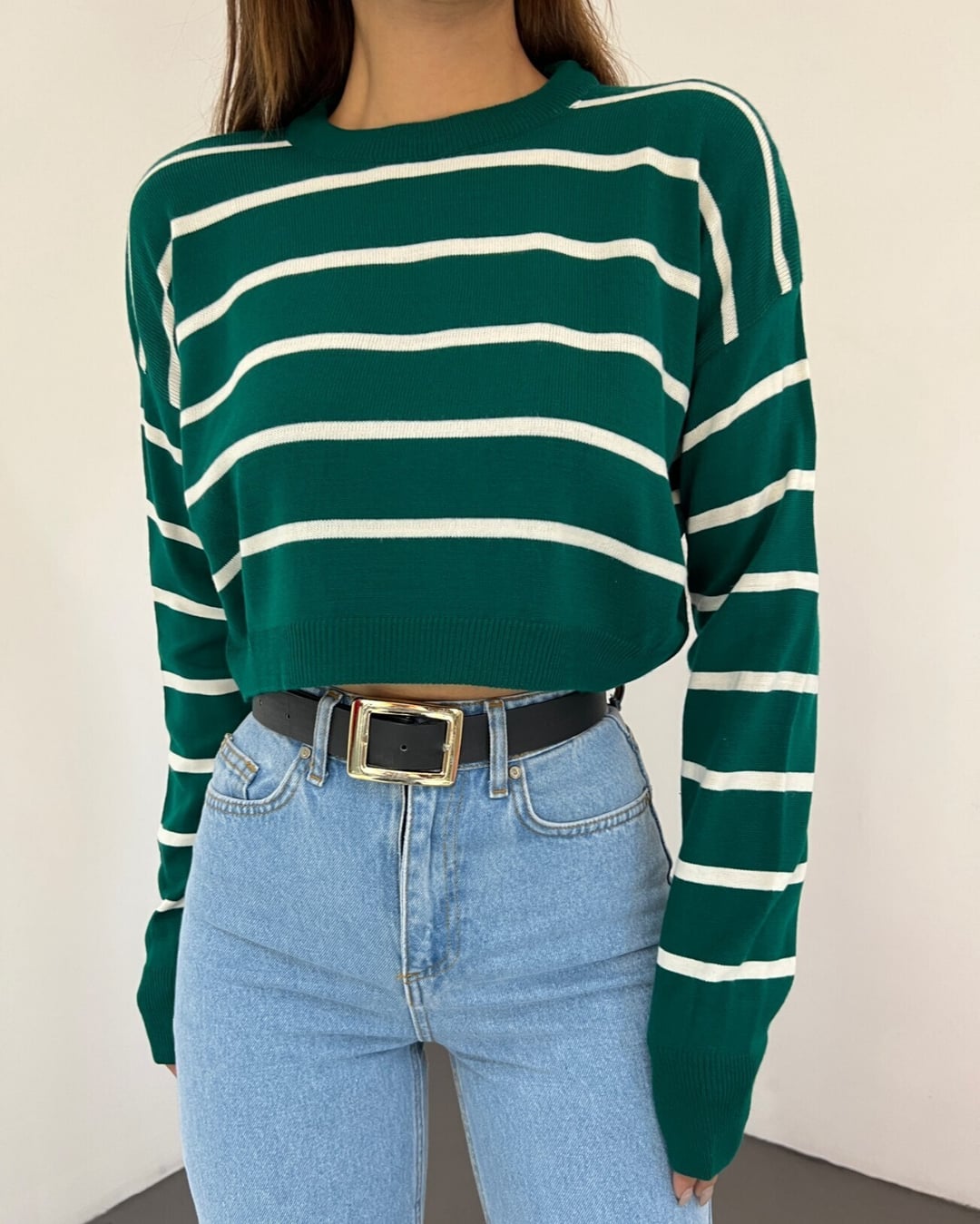 Striped Crop Knit Sweater in Dark Green - Podyumplus - by Peralane - photo 2