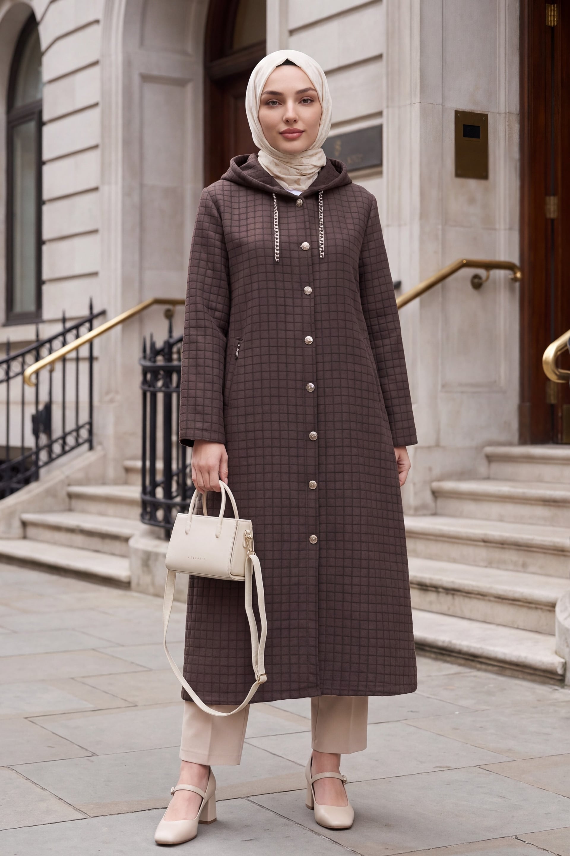 Long Quilted Coat with Chain Detail Hood - Brown - Podyumplus - by Peralane - photo 2