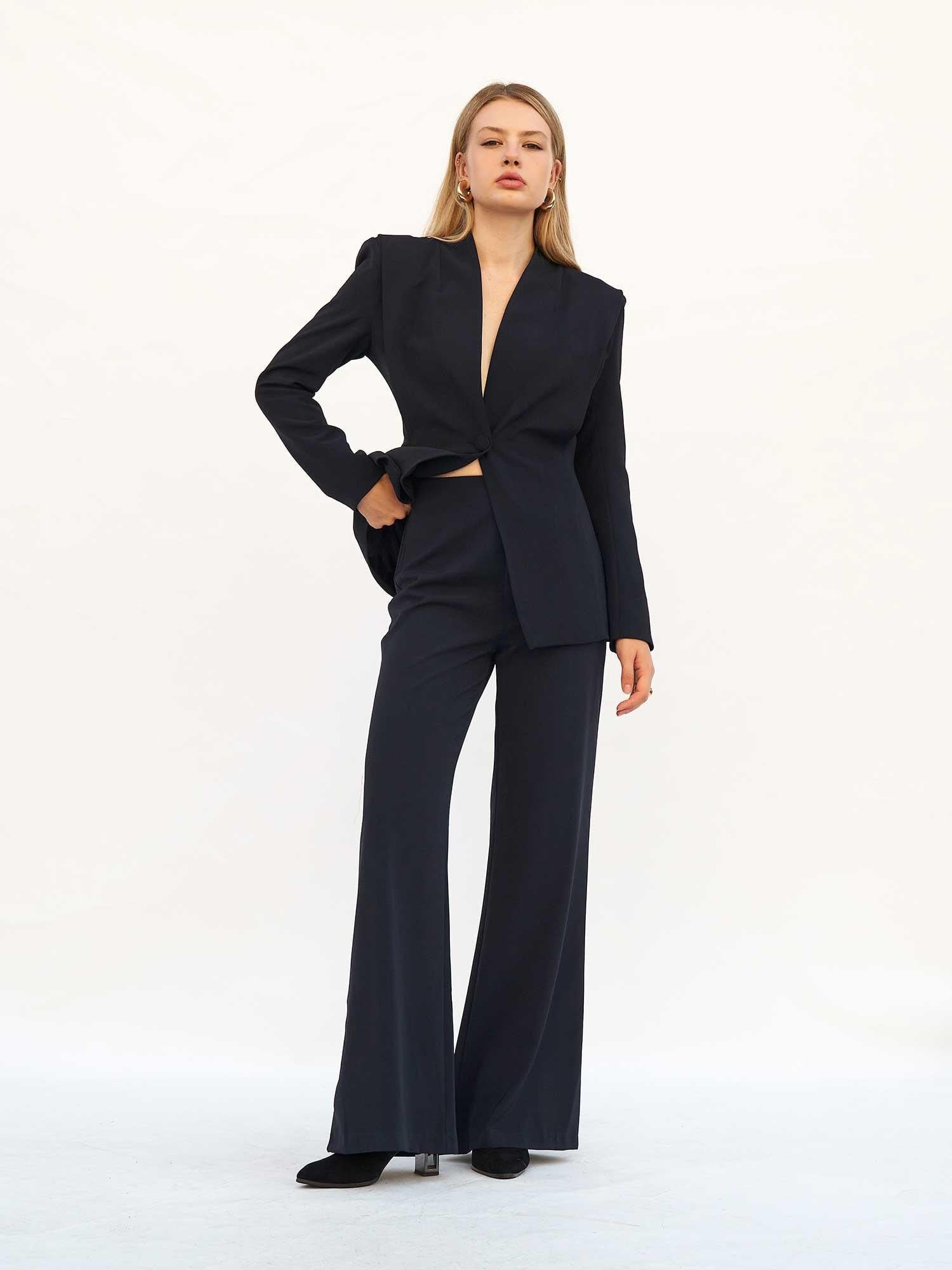 Navy Blue Wide-Leg High-Waist Trousers with Side Zip Detail - Lefon - by Peralane - photo 4