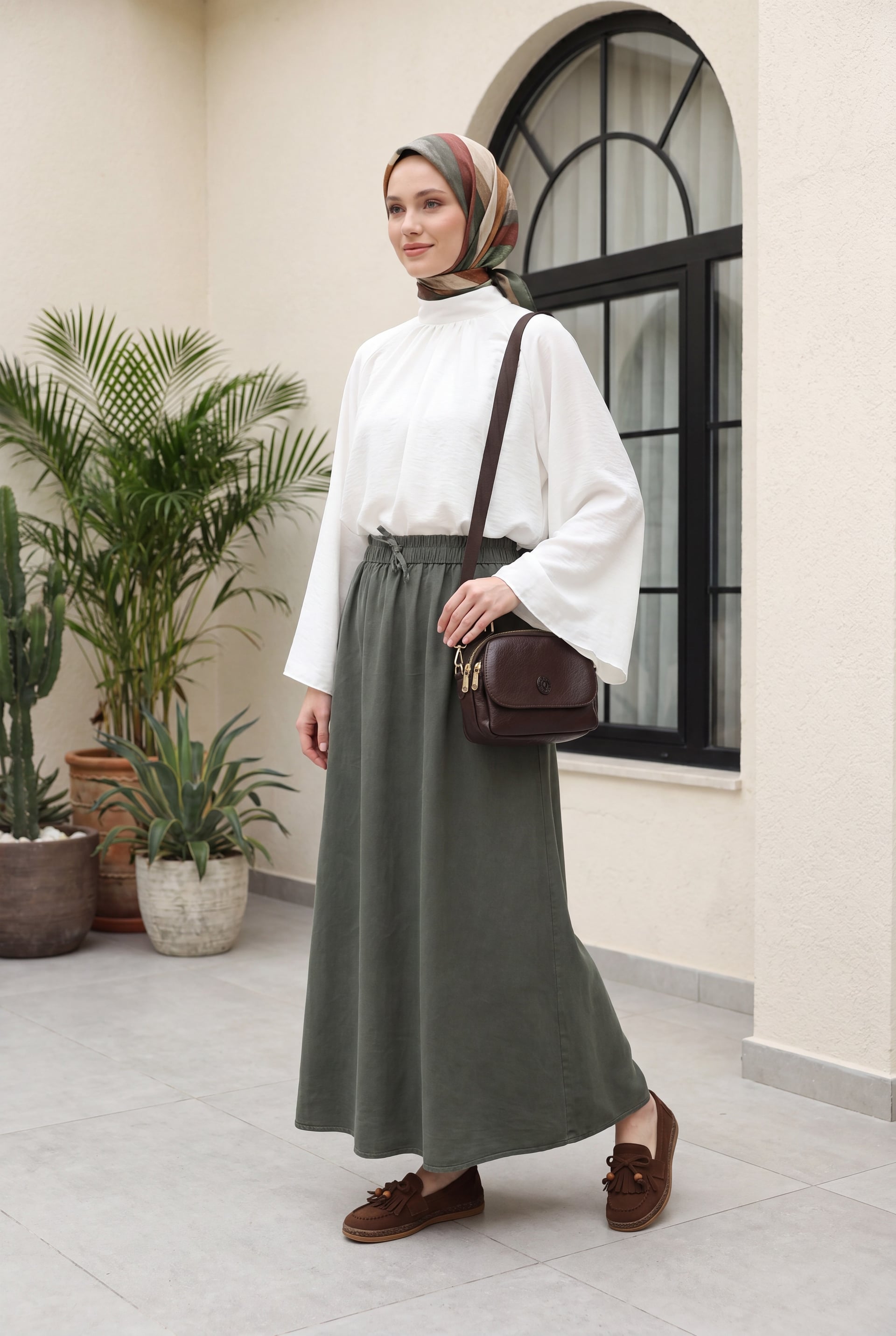 Elasticated Waist Drawstring Pocket Tencel Skirt - Olive Green - Podyumplus - by Peralane - photo 2