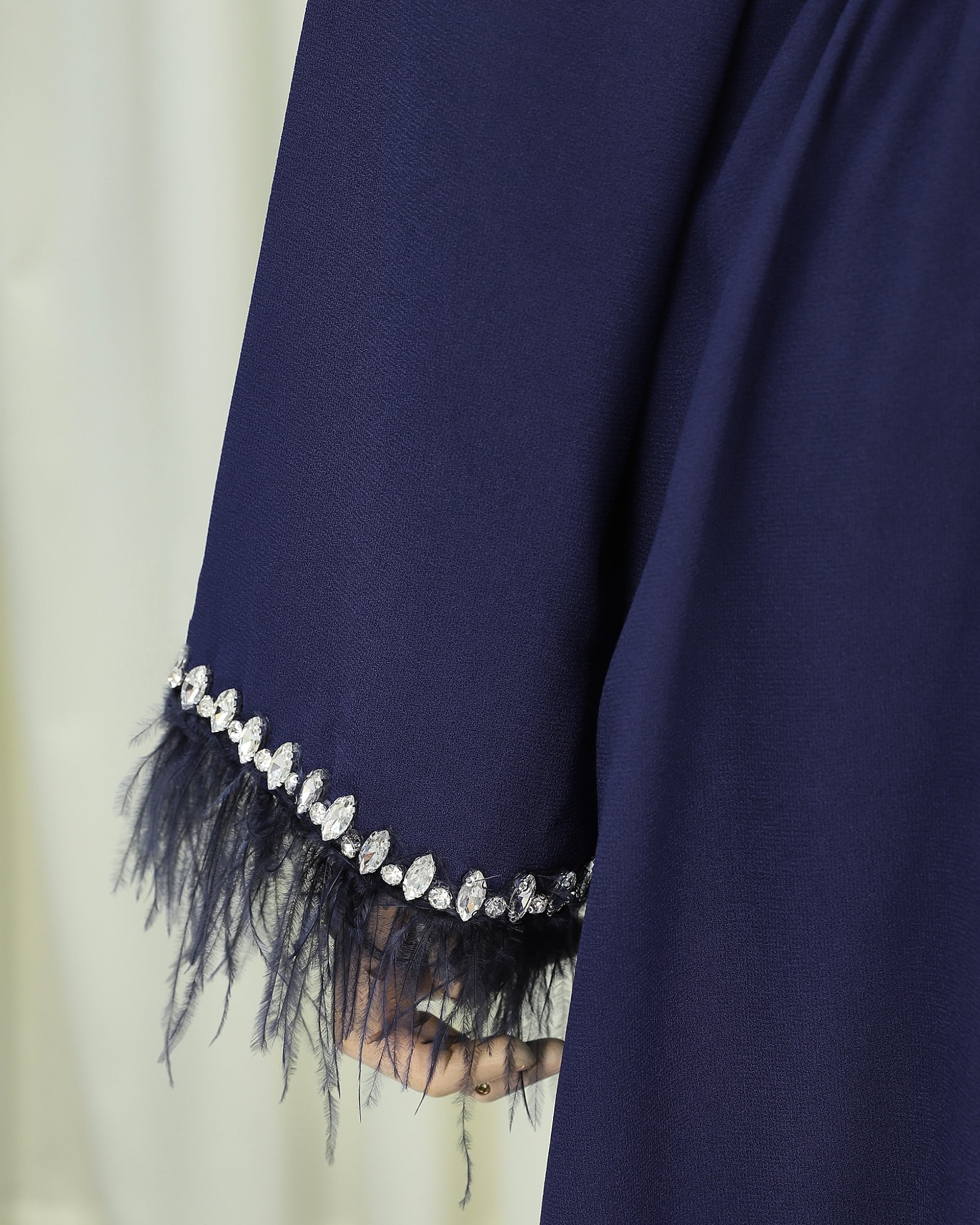 Navy Blue Beaded Trim Belted Abaya with Feathered Cuffs - Podyumplus - by Peralane - photo 8