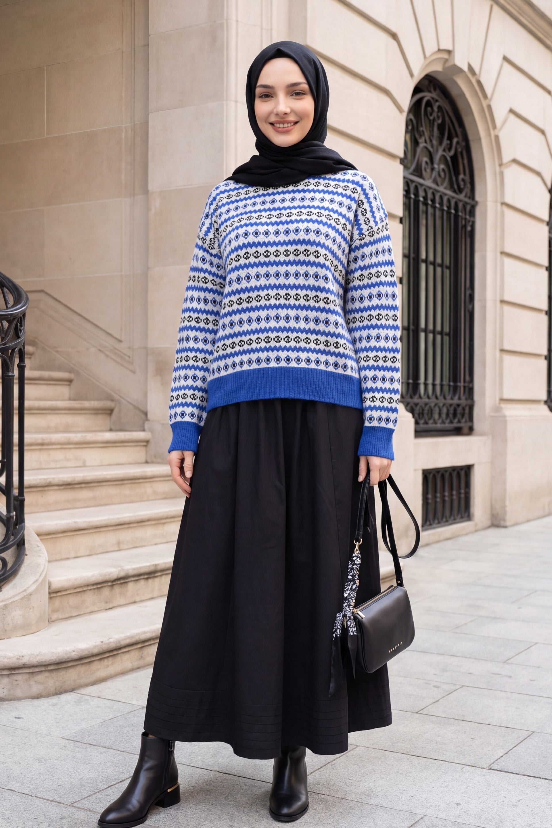 Crew Neck Patterned Jacquard Knit Sweater - Saxe Blue - Podyumplus - by Peralane - photo 4