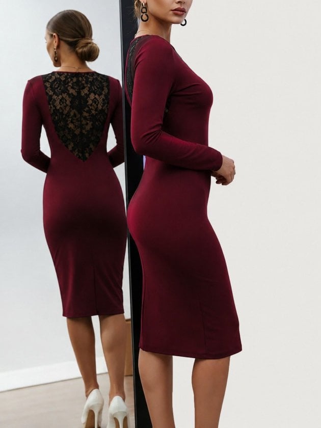 Women's Long Sleeve Mididress with Lace Back Detail in Deep Red - Janes - by Peralane - photo 2