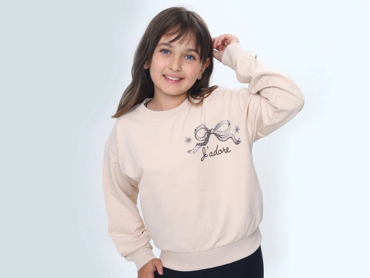 Girls' Bow Print Sweatshirt with Rhinestones - Beige - Vizviz - by Peralane