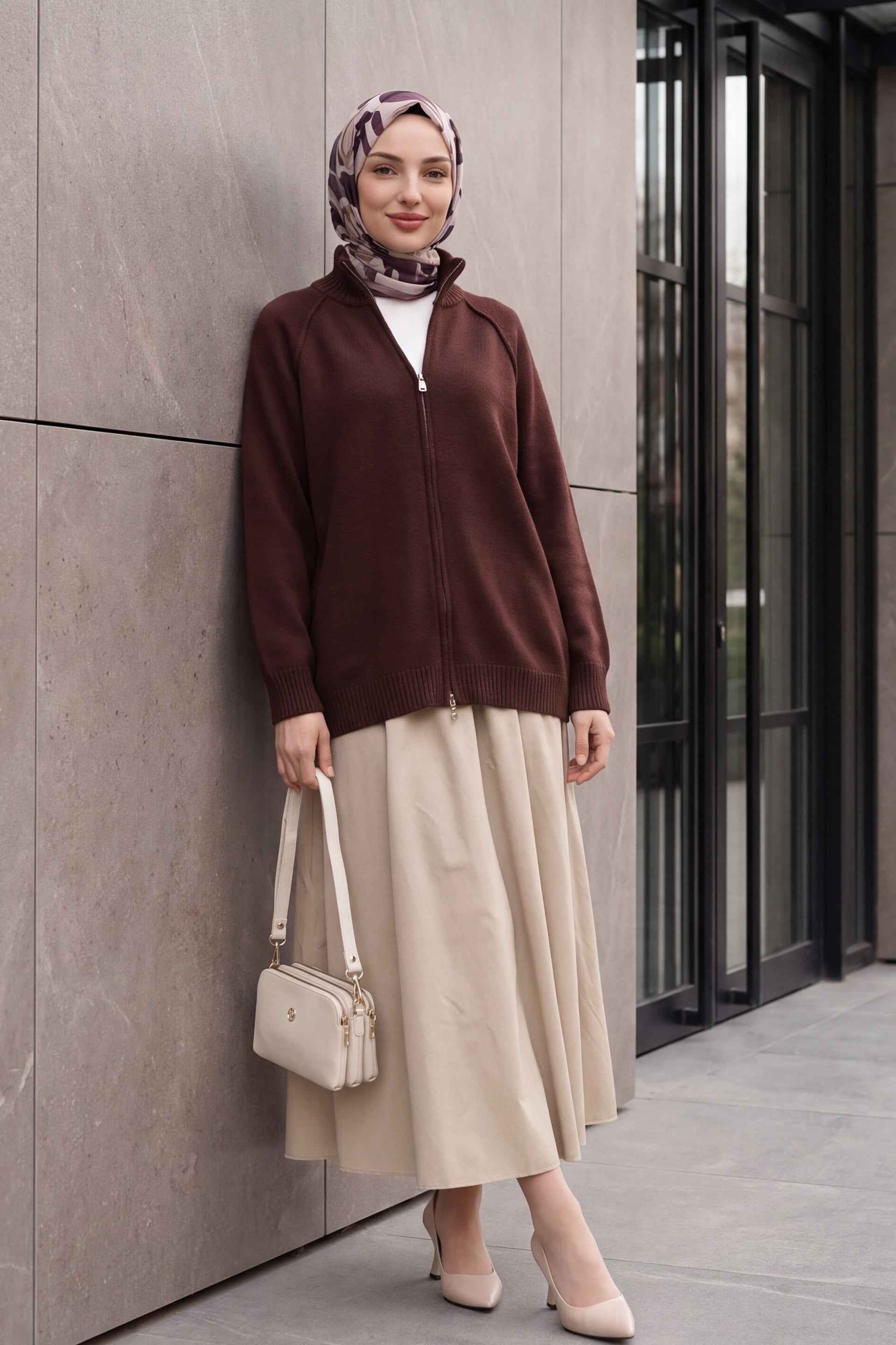 Half-Zip High-Neck Stitch Detail Knit Cardigan - Burgundy - Podyumplus - by Peralane - photo 3