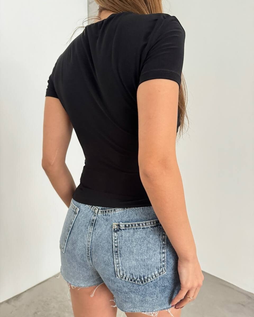 Black Draped Ruched Short Sleeve Sandy Blouse - Podyumplus - by Peralane - photo 4