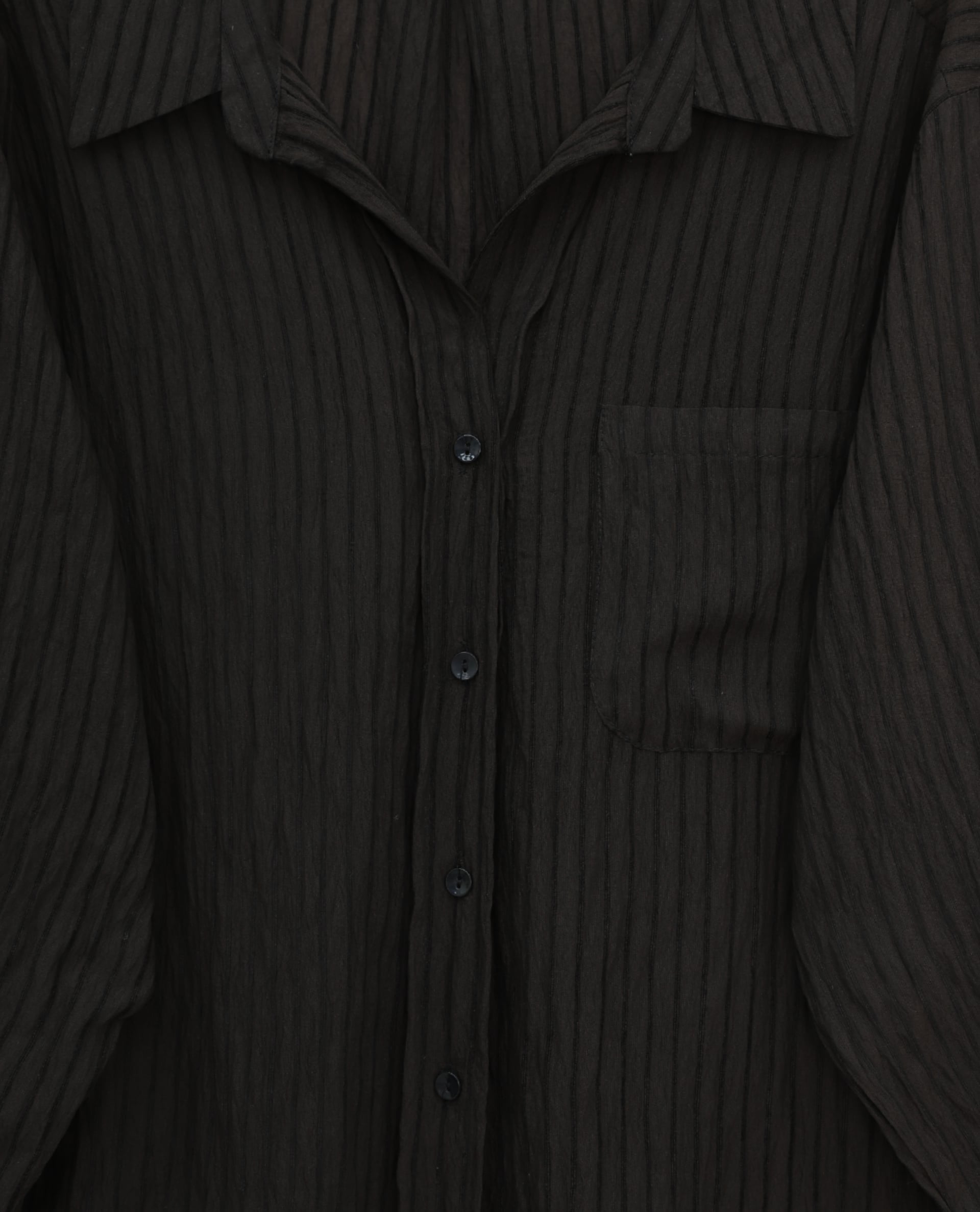 V-Neck Single-Pocket Tencel Semi-Sheer Striped Blouse - Dark Brown - Podyumplus - by Peralane - photo 5
