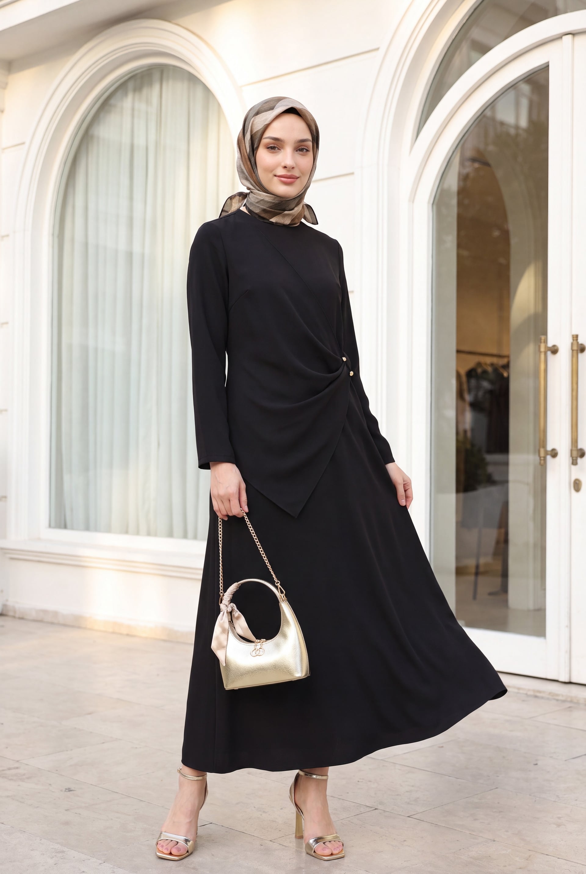 Cross Detail Buckled Round Neck Imported Crepe Dress - Dark Brown - Podyumplus - by Peralane - photo 3
