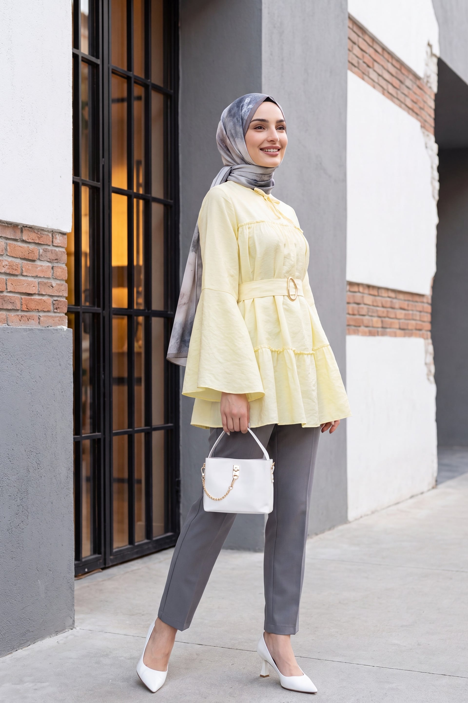 Yellow Tie-Neck Polyviscose Tunic with Belt and Tiered Hem - Podyumplus - by Peralane - photo 2