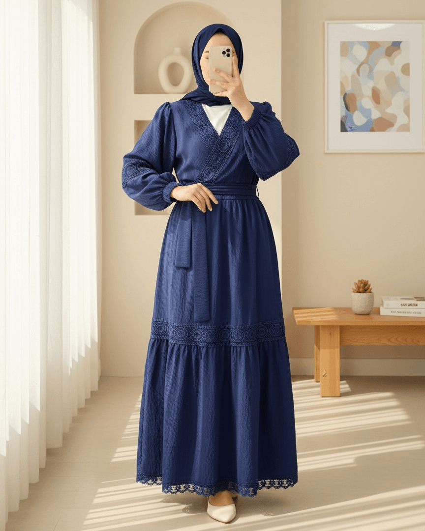 Lace Trim Tie-Front Two-Piece Set with Long Maxi Skirt - Navy Blue - Podyumplus - by Peralane - photo 6