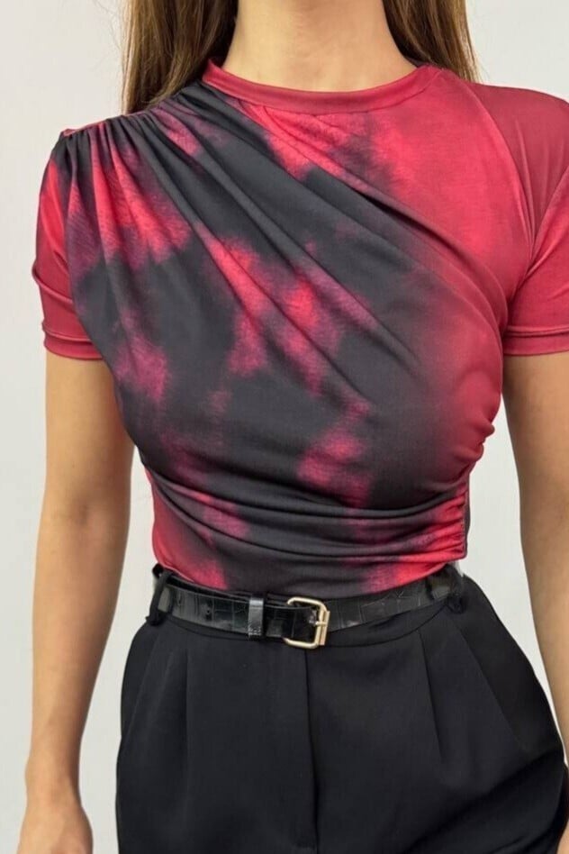 Ruched Shoulder Batik Print Blouse - Red - Podyumplus - by Peralane