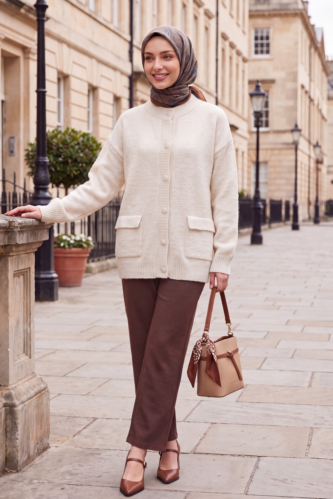 Cream Crew Neck Button-Front Knit Cardigan with Pockets - Podyumplus - by Peralane - photo 3