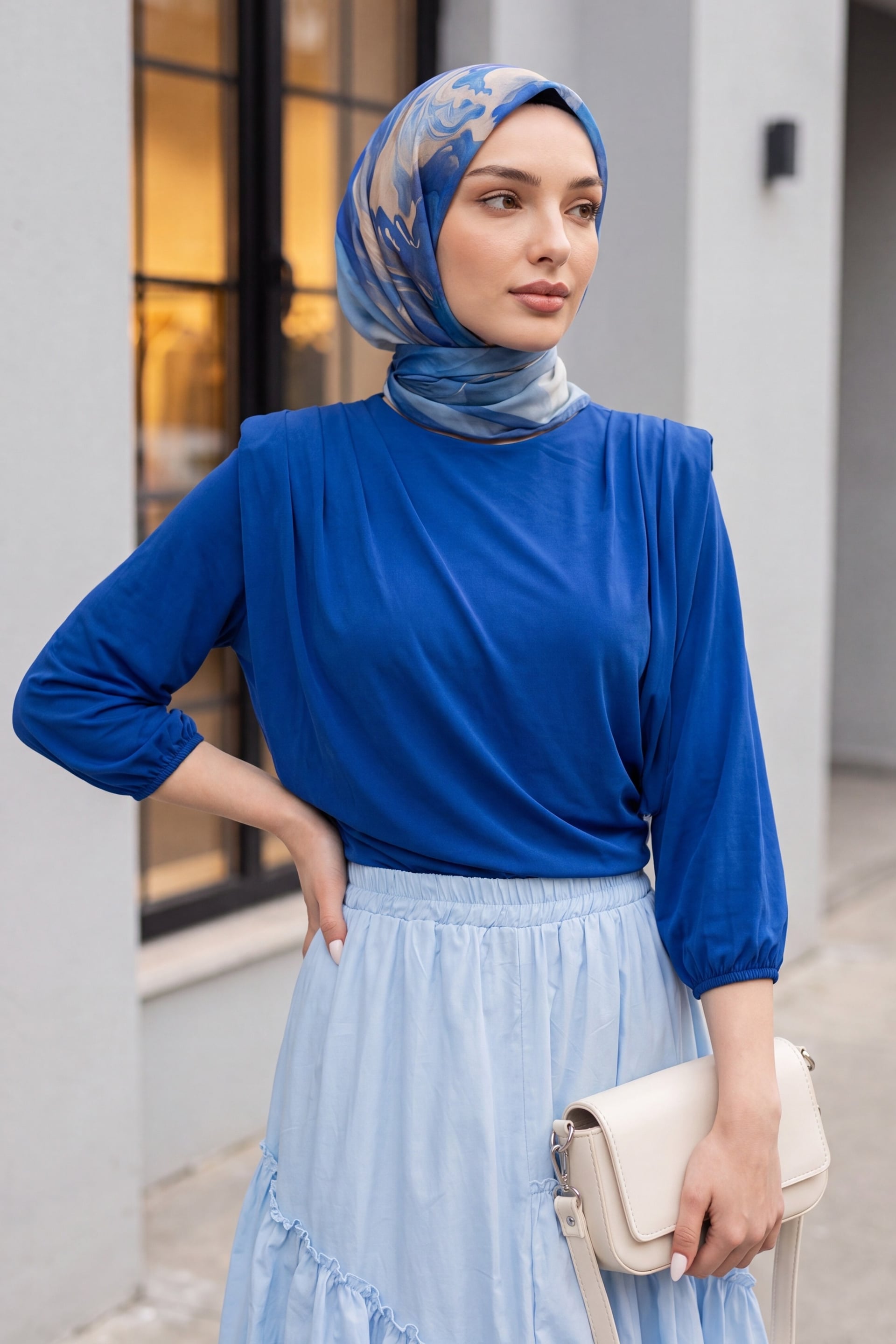 Women's Saks Blue Sendy Blouse with Inner Bodysuit, Ruffled Shoulders and Padded Shoulders - Podyumplus - by Peralane