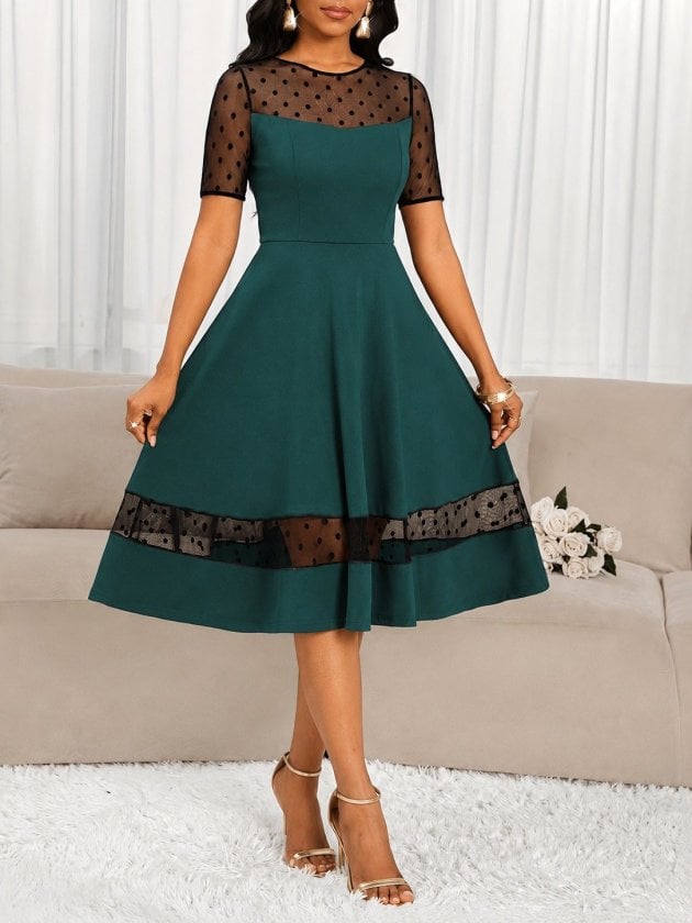 Women's Short-Sleeve Crew Neck Polka Dot Tulle Detail Midi Crepe Dress - Janes - by Peralane