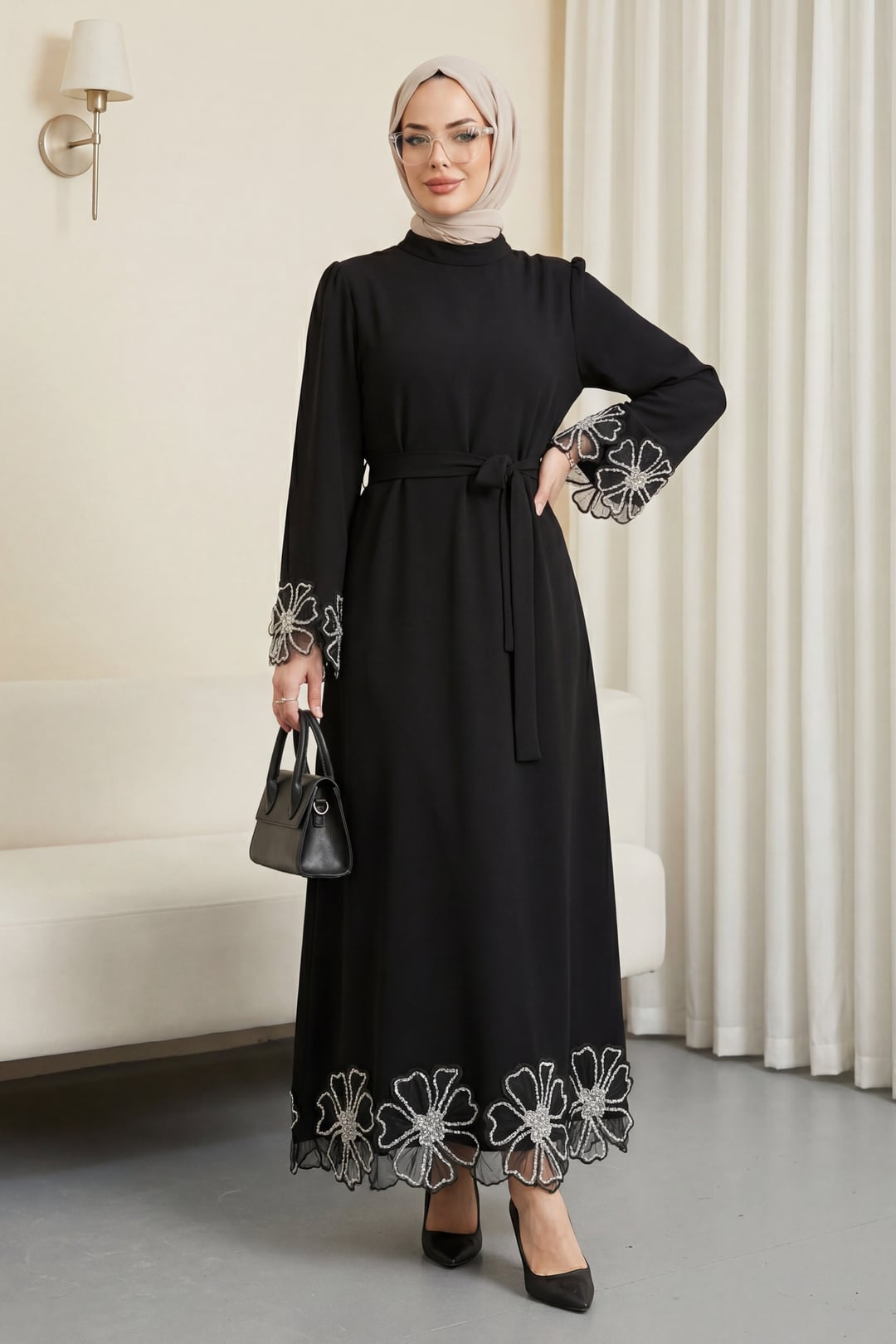 Black Floral Embroidered Belted Crepe Maxi Dress - Podyumplus - by Peralane - photo 3