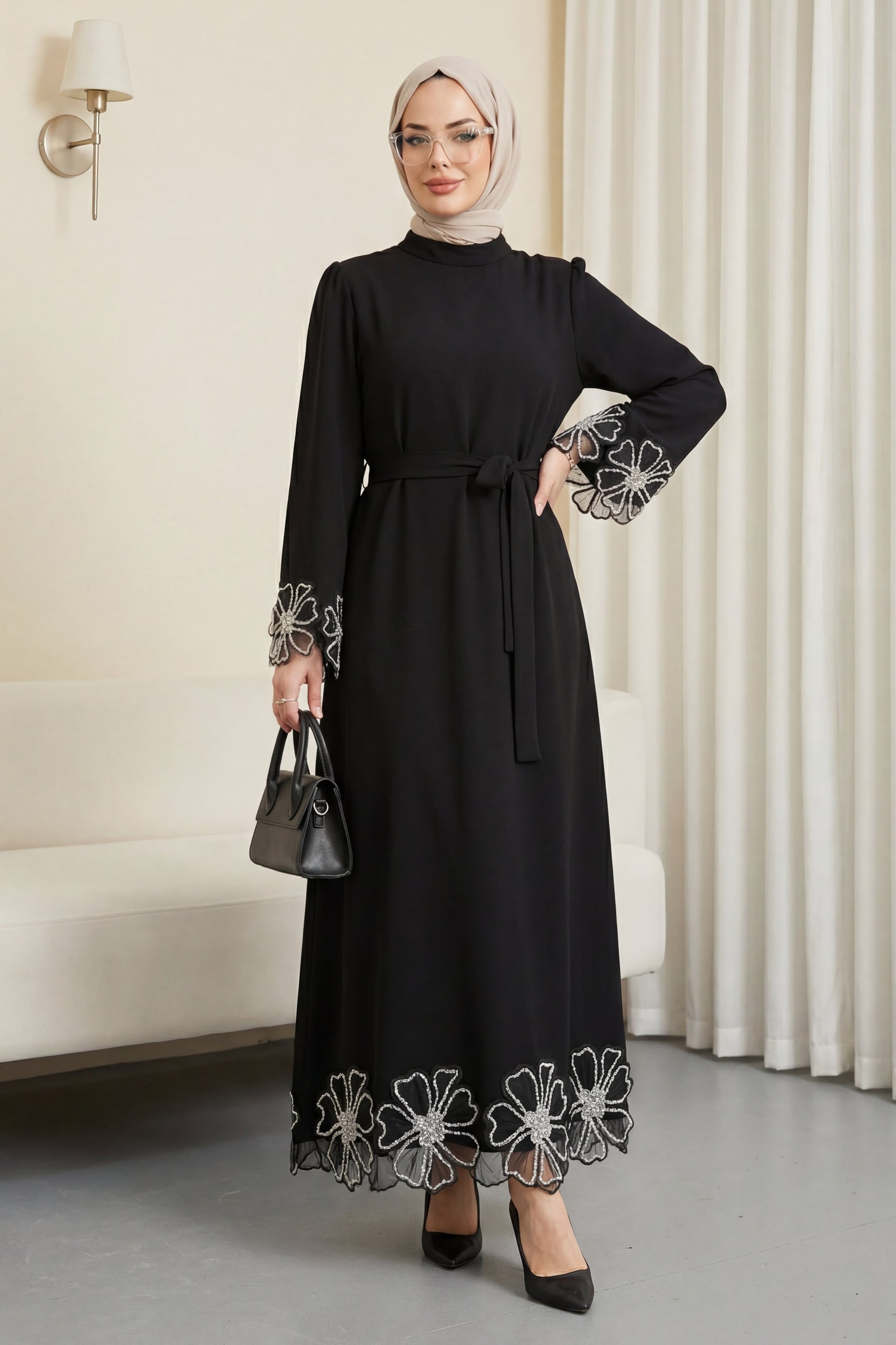 Black Floral Embroidered Belted Crepe Maxi Dress - Podyumplus - by Peralane - photo 3