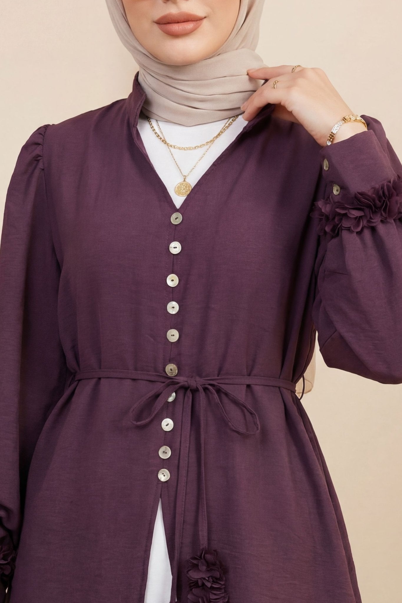 V-Neck Floral Sleeve Buttoned Tie Modal Tunic - Deep Plum - Podyumplus - by Peralane - photo 2