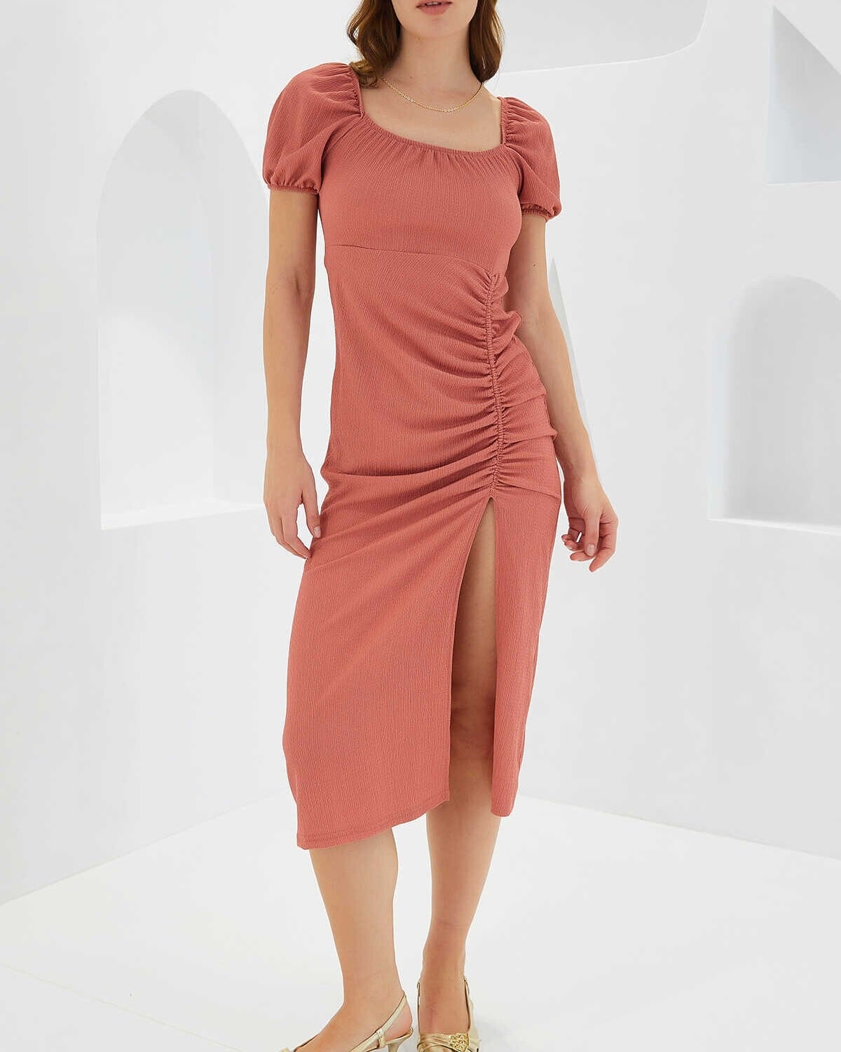 Women's Dusty Rose Ribbed Knit Midi Dress with Side Slit - Bigdart - by Peralane