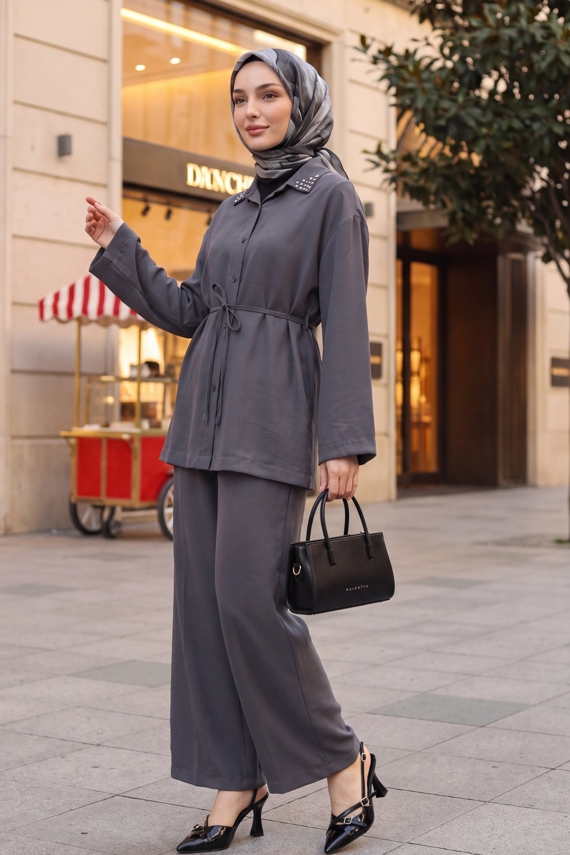 Studded Collar Tie-Waist Tunic and Wide-Leg Trousers Set - Smoke - Podyumplus - by Peralane - photo 3