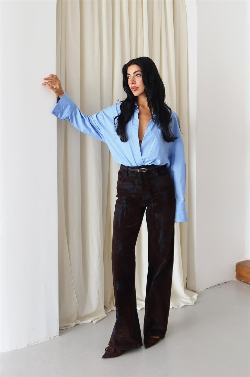High Waist Flok Print Denim Trousers in Brown - Lacarino Jeans - by Peralane - photo 2