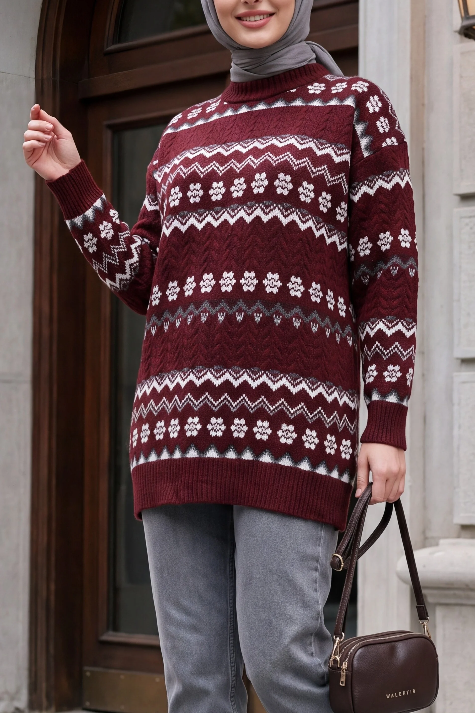 Round Neck Floral Ethnic Pattern Knit Tunic Sweater - Burgundy - Podyumplus - by Peralane