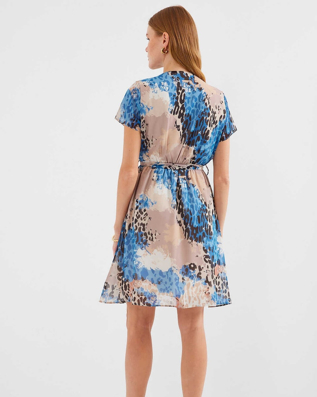 Short-Sleeve Patterned Chiffon Dress - Blue - Bigdart - by Peralane - photo 4