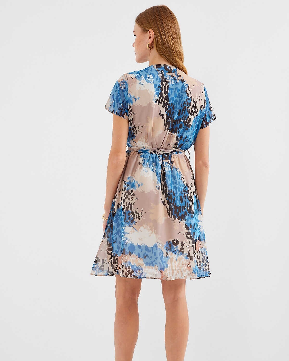 Short-Sleeve Patterned Chiffon Dress - Blue - Bigdart - by Peralane - photo 4