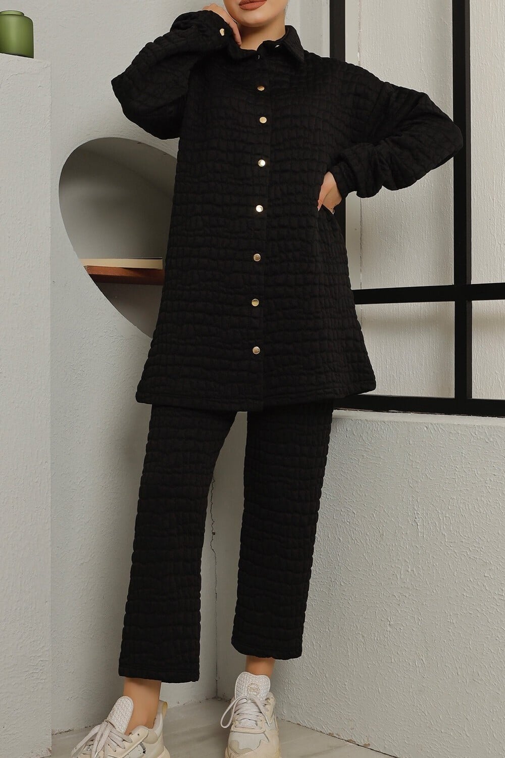 Collar Quilted Front-Button Two-Piece Set - Black - Podyumplus - by Peralane - photo 3