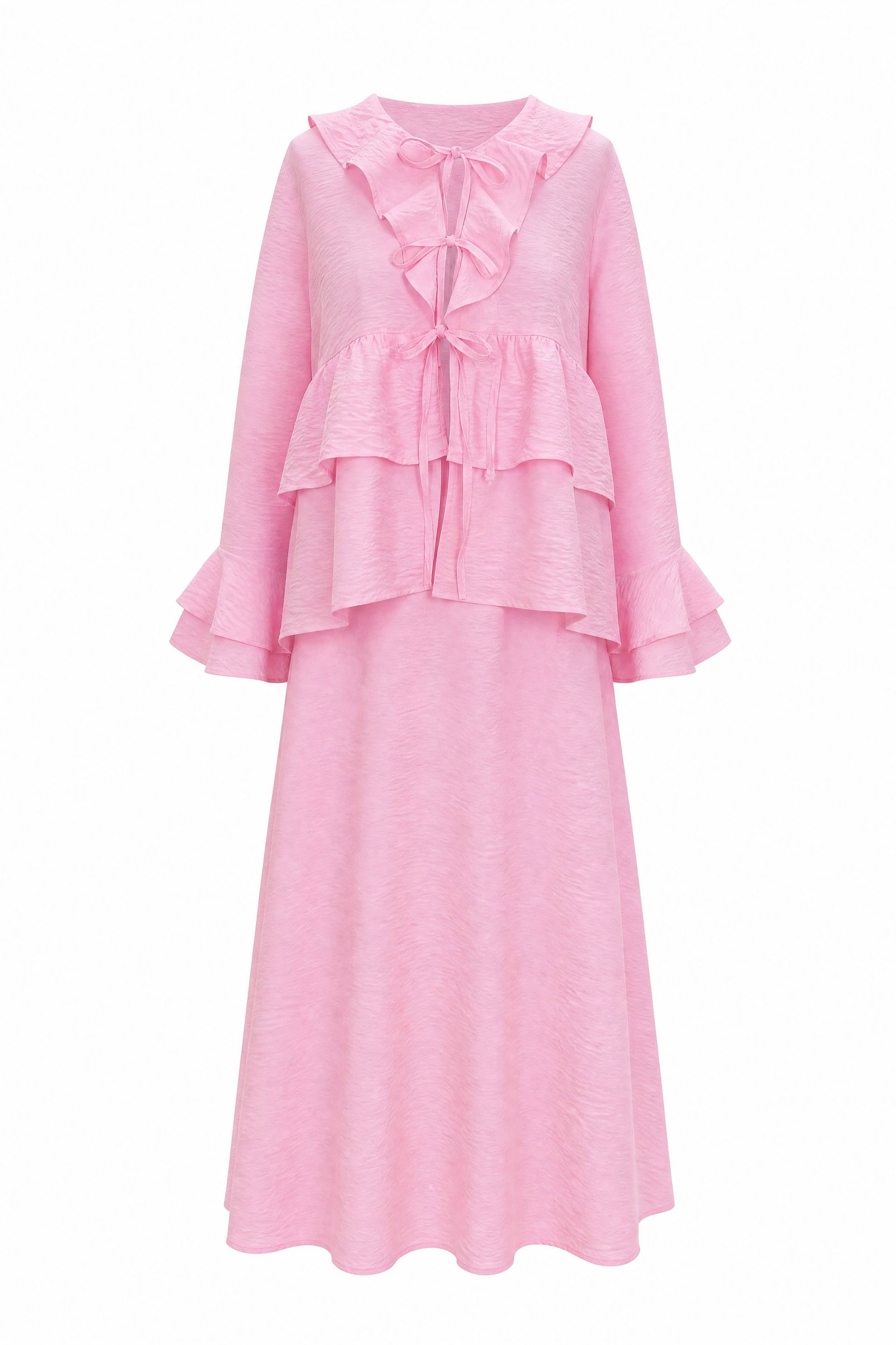 Pink Frilled Spanish Sleeve Wrap Front Long Skirt Cupro Kimono Set - Podyumplus - by Peralane - photo 5