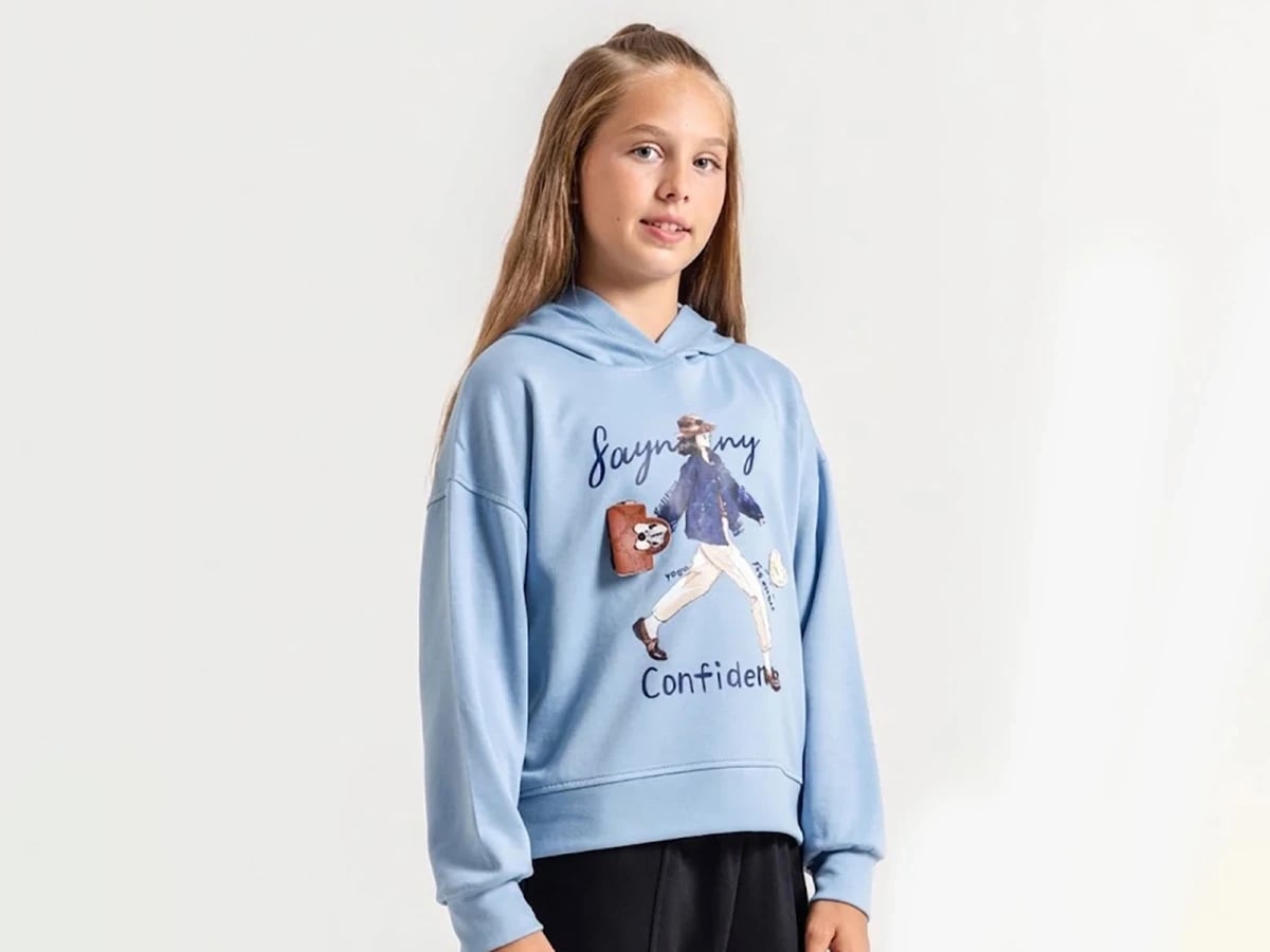 Girls' Printed Hoodie with Graphic Print - Light Blue - ÖZ Bebe - by Peralane