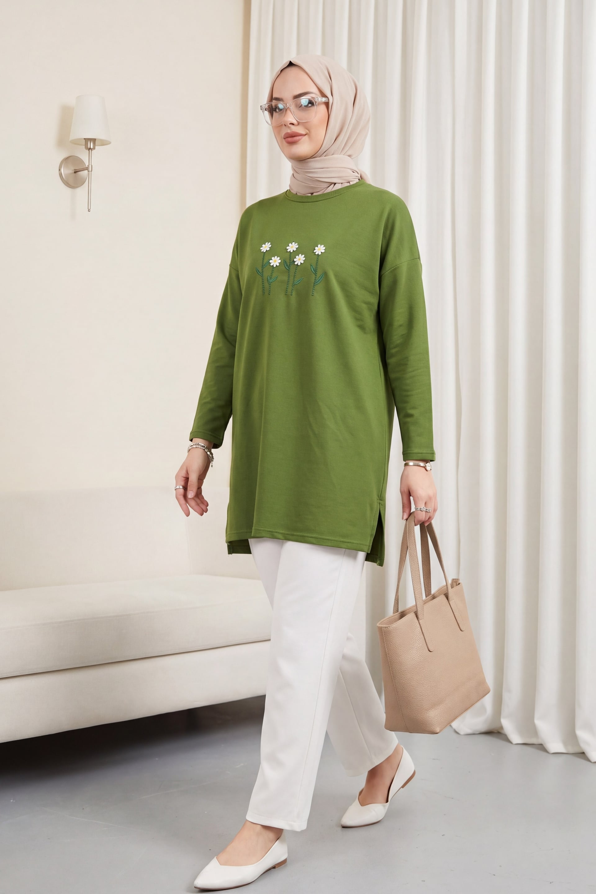 Daisy Embroidered Crew Neck Jersey Tunic - Dark Green - Podyumplus - by Peralane - photo 4