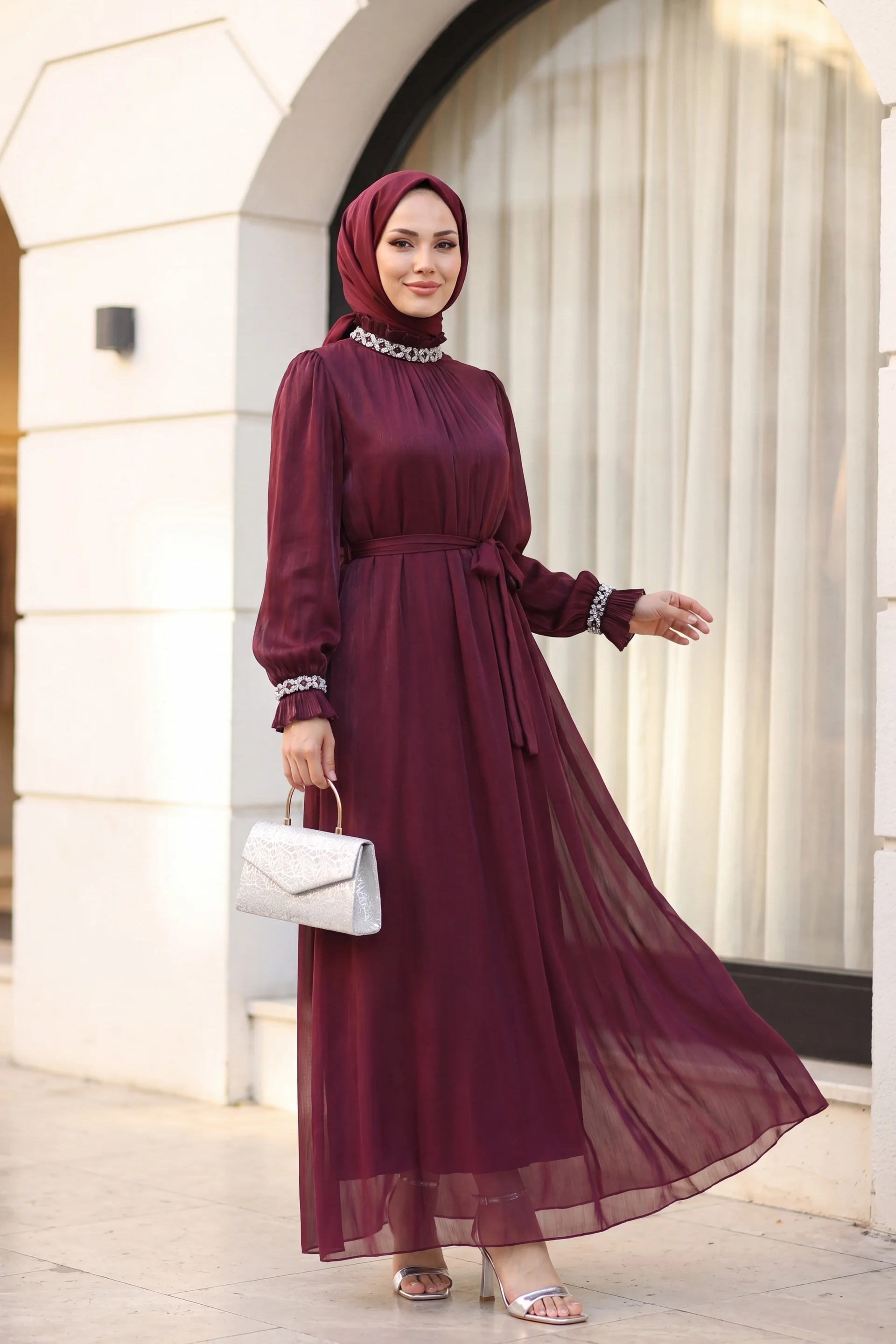 Jeweled Neck and Cuff Balloon Sleeve Belted Shimmer Chiffon Evening Dress in Burgundy - Podyumplus - by Peralane