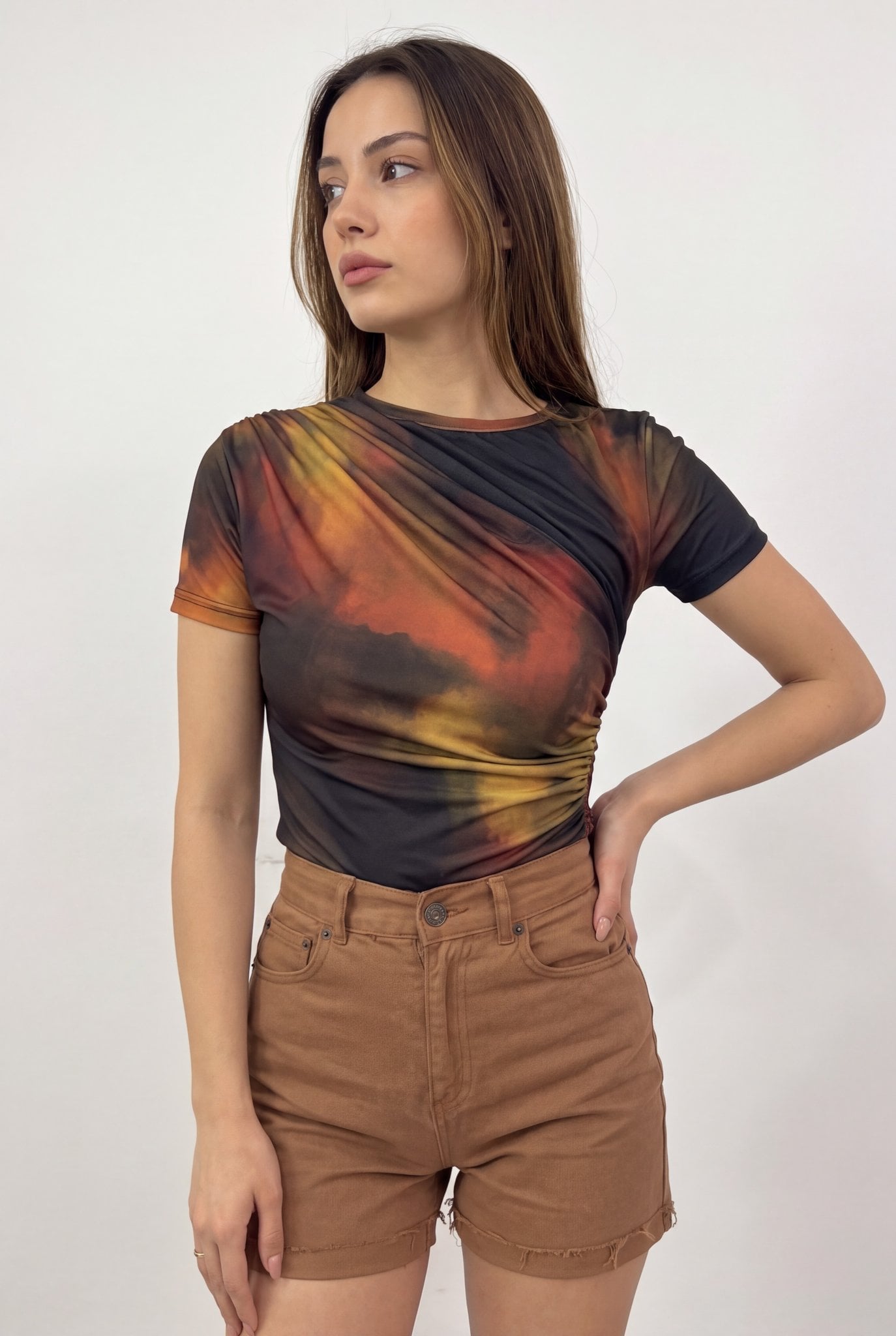 Ruched Tie-Dye Blouse with Smocked Waist - Rust - Podyumplus - by Peralane - photo 2