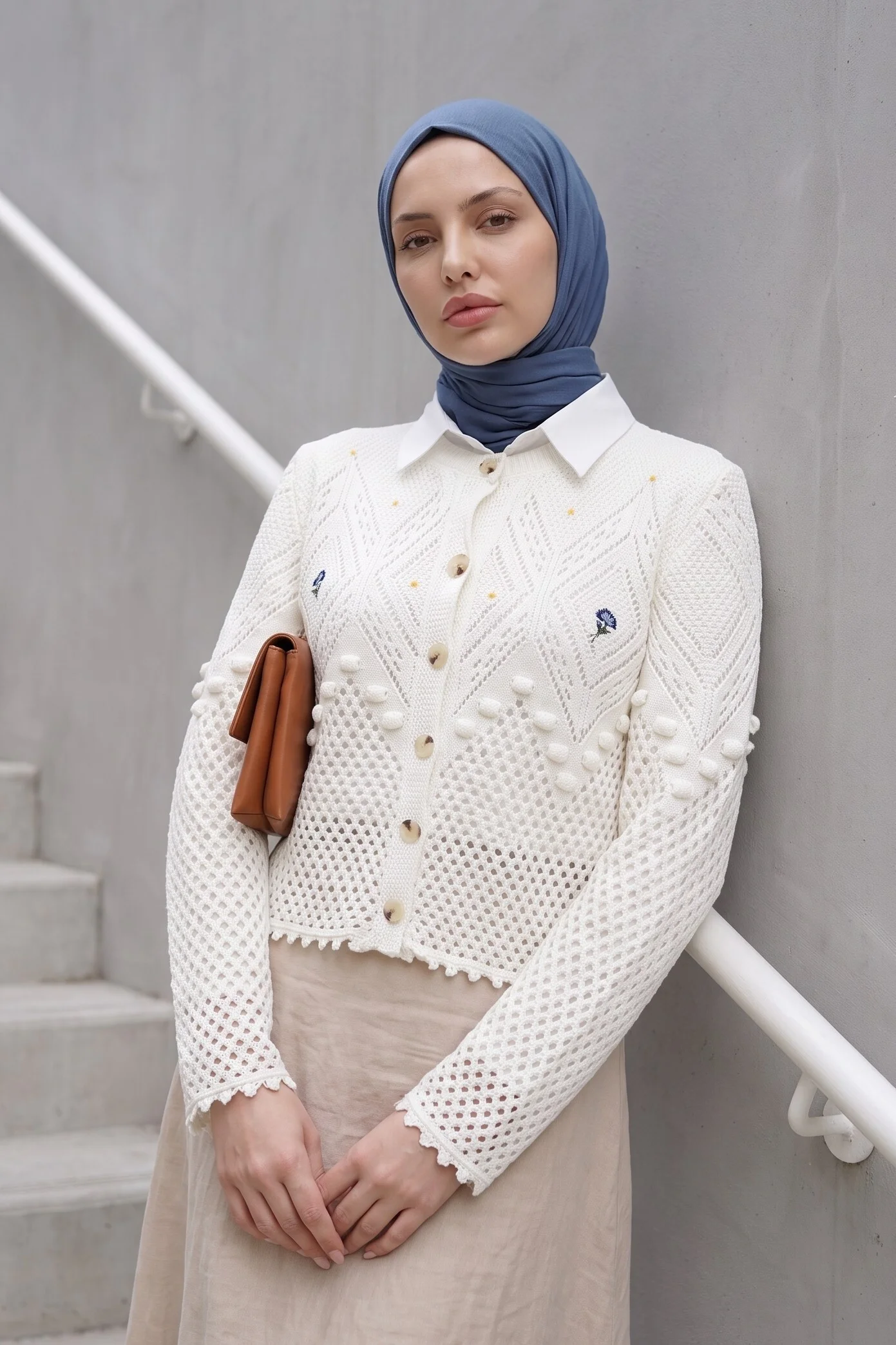 Embroidered Flower Button Knit Cardigan - Ecru - Podyumplus - by Peralane - photo 2