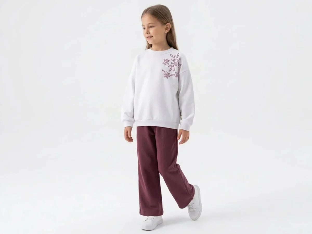 Floral Print Fleece Girls' Two-Piece Set (Sweatshirt and Trousers) - White/Burgundy - Vovido - by Peralane