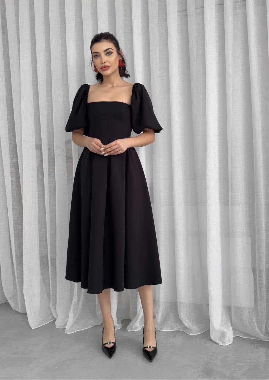 Women's Black Poplin Square Neck Puff Sleeve Pleated Midi Dress - Etika - by Peralane - photo 6