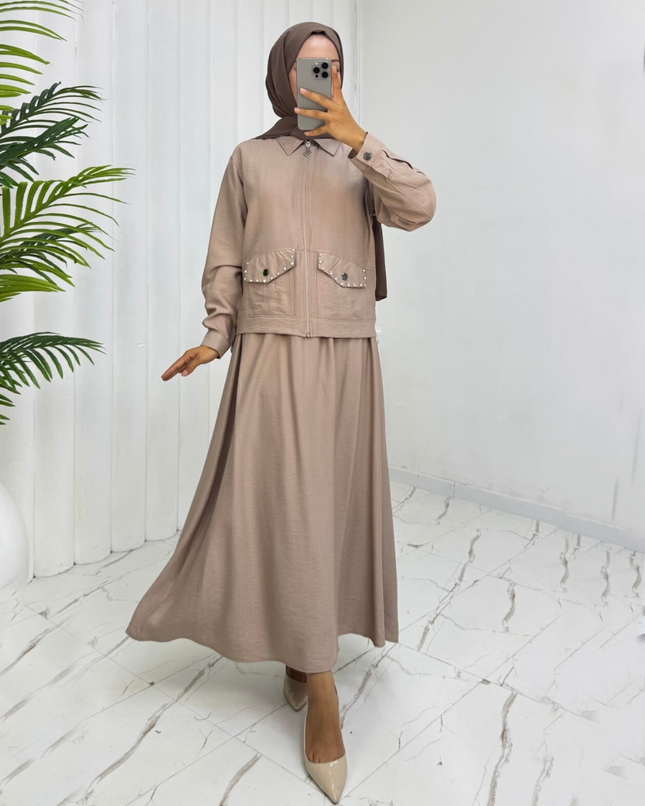 Zip-Front Jacket and Elasticated Waist Skirt Modest Set in Taupe - Podyumplus - by Peralane - photo 3