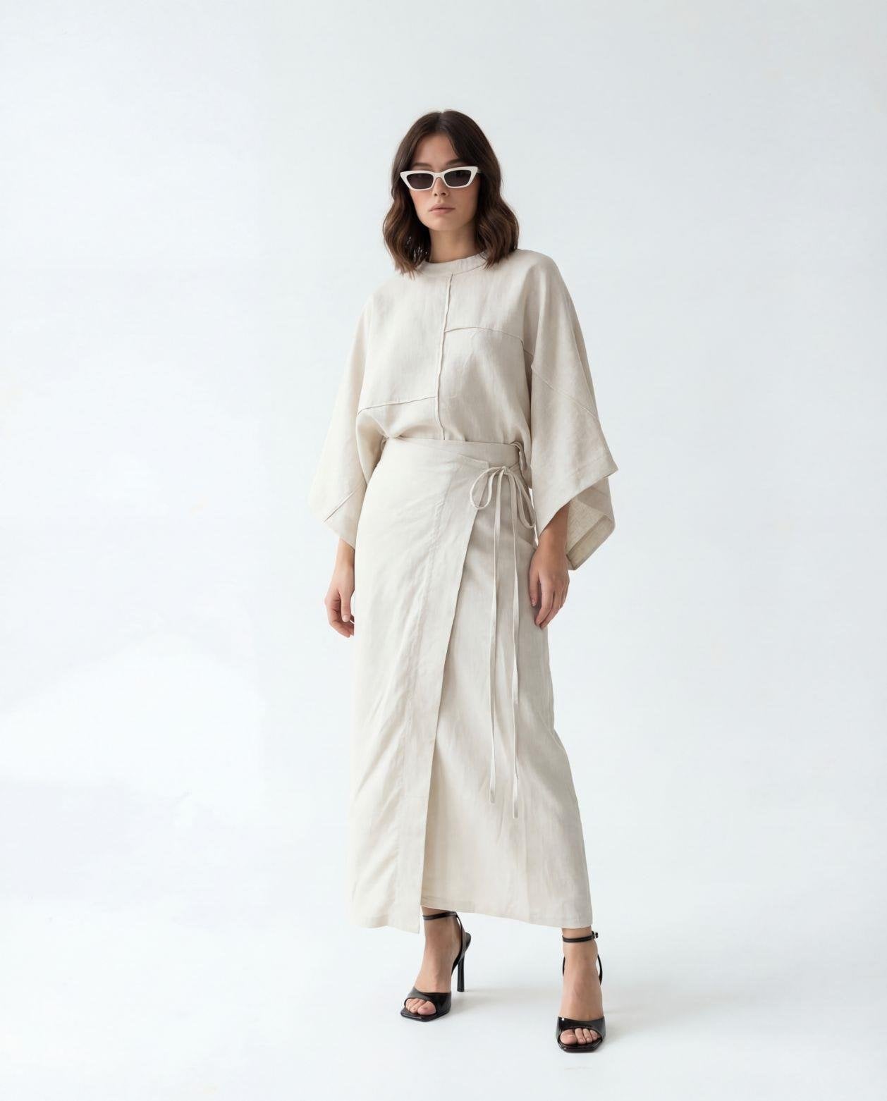 Beige Linen Blend Wrap Skirt and Blouse Set - Fame - by Peralane