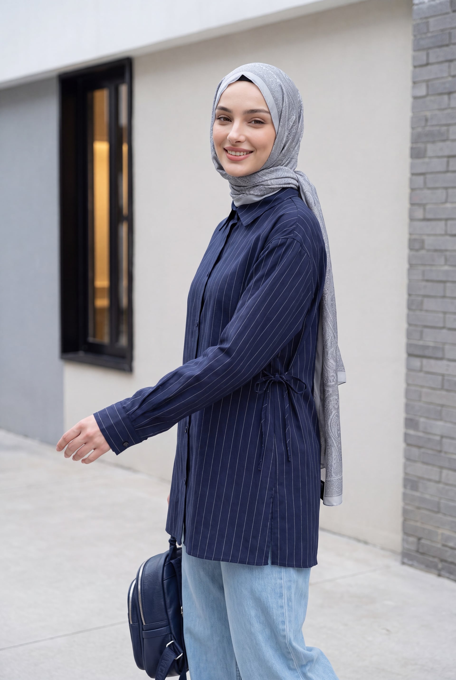 Side Drawstring Striped Buttoned Modal Tunic - Navy Blue - Podyumplus - by Peralane - photo 2