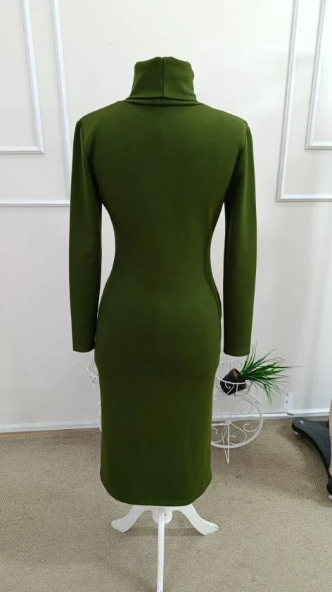 Women's Long Sleeve Turtleneck Midi Knit Dress in Olive Green - Janes - by Peralane - photo 6
