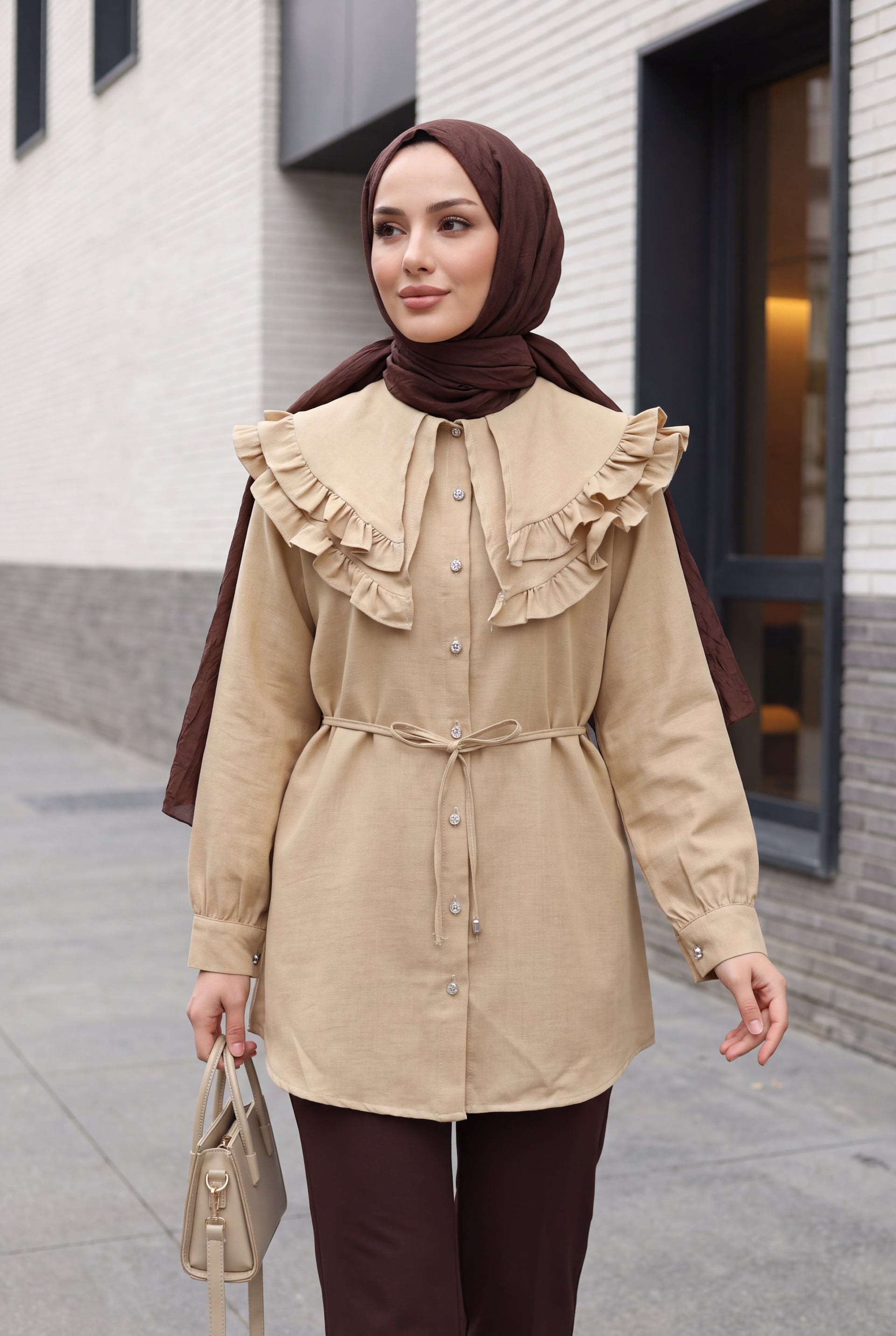 Double-Layer Ruffled Collar Buttoned Tie-Waist Linen Look Tunic - Light Beige - Podyumplus - by Peralane