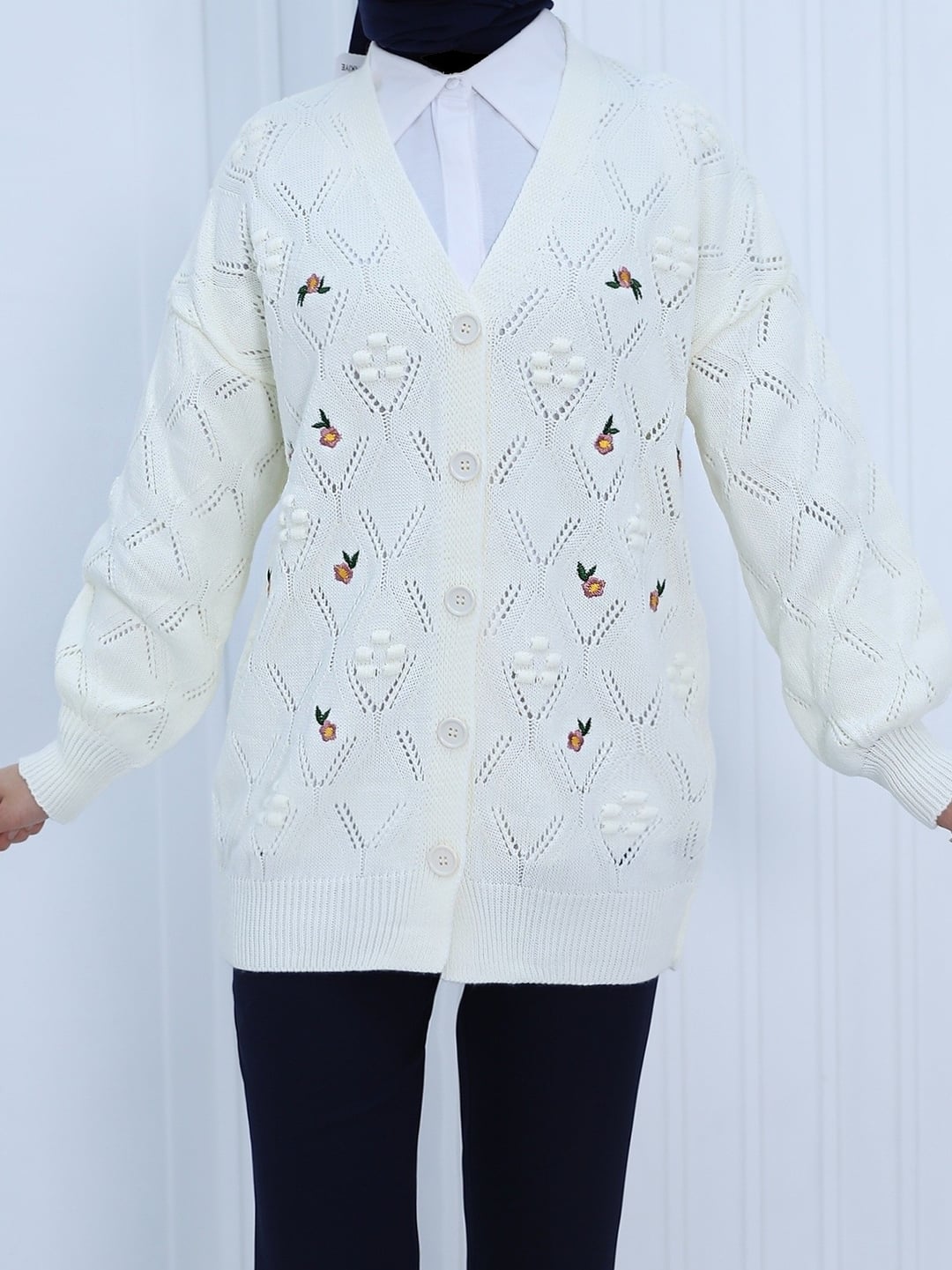 Cream Knitted Cardigan with Floral Embroidery and Pom Poms - Podyumplus - by Peralane