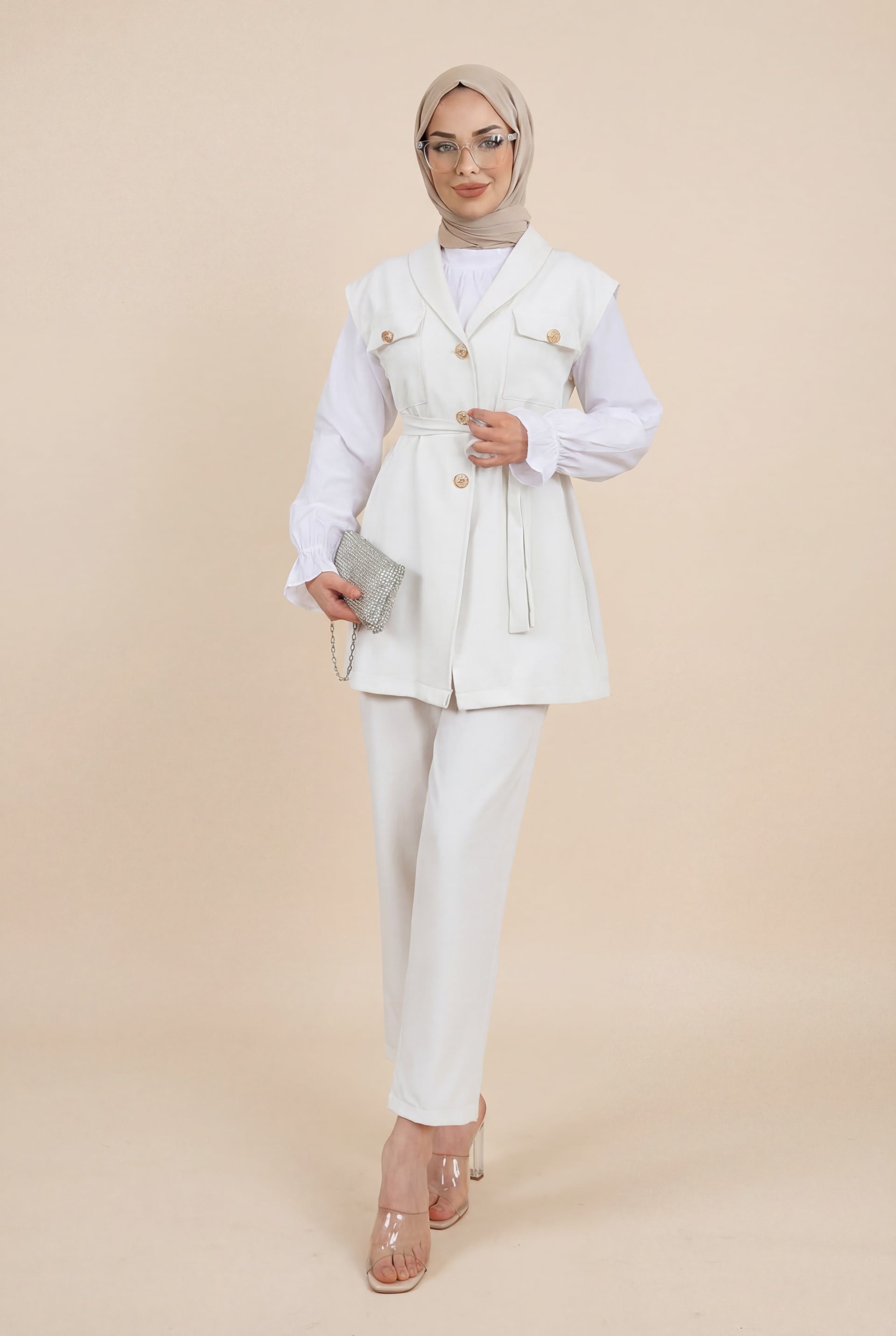 Ecru Three-Piece Set with Long-Sleeved Blouse, Vest and Trousers - Podyumplus - by Peralane - photo 5