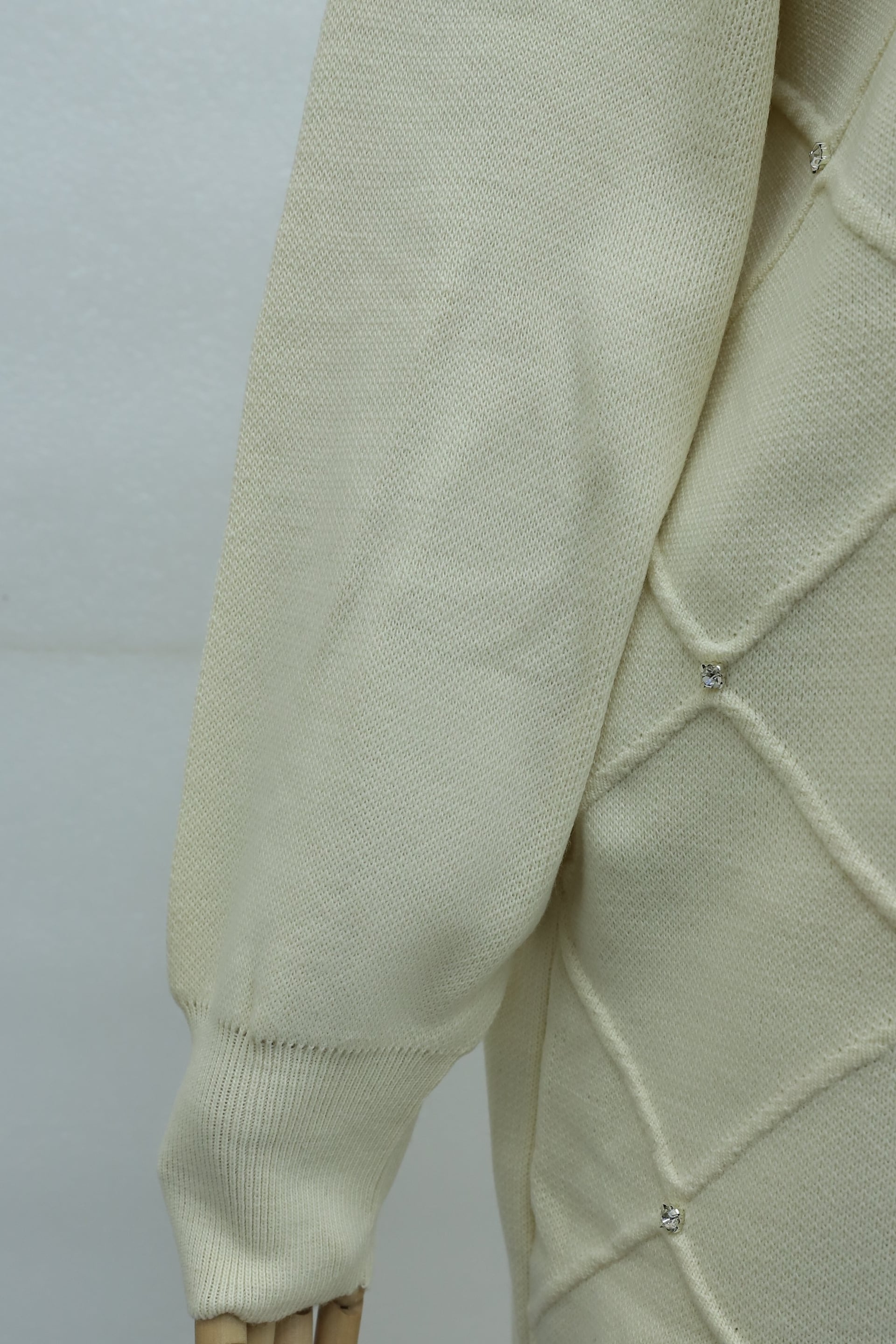 Cream Rhinestone Detailed Checked Balloon Sleeve Knit Dress - Podyumplus - by Peralane - photo 3