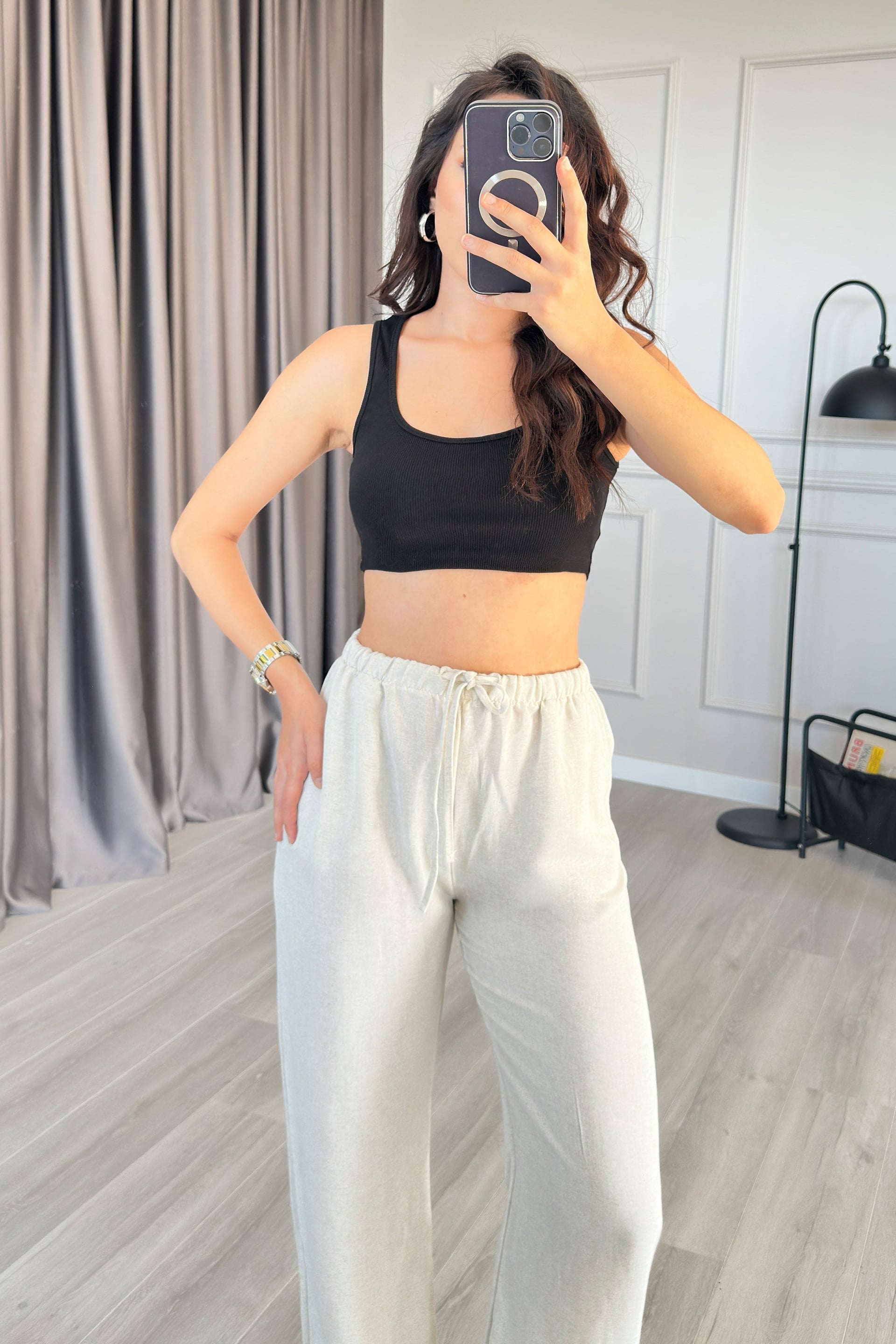 Stone Linen Drawstring Wide-Leg Trousers - Lustri̇n - by Peralane - photo 3
