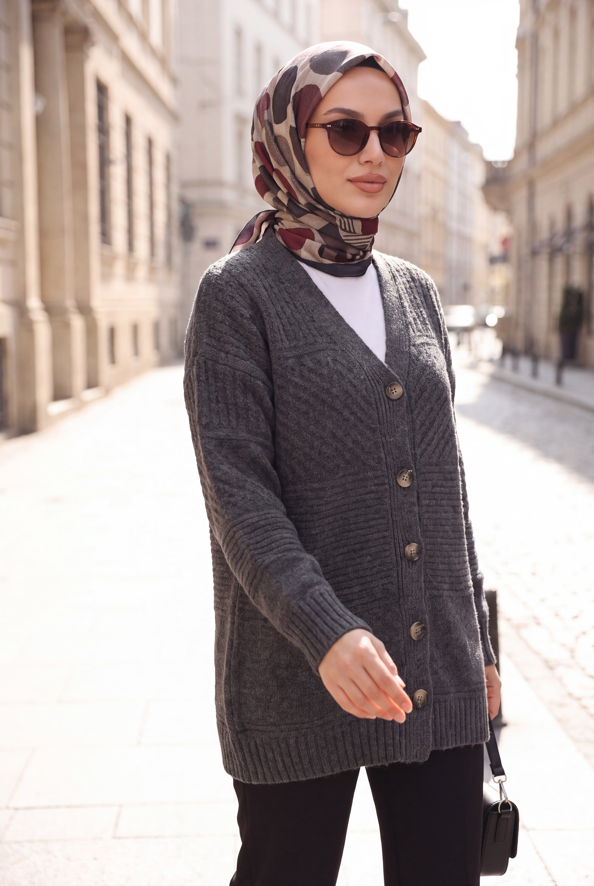 Button-Front V-Neck Relaxed Knit Cardigan - Smoke - Podyumplus - by Peralane